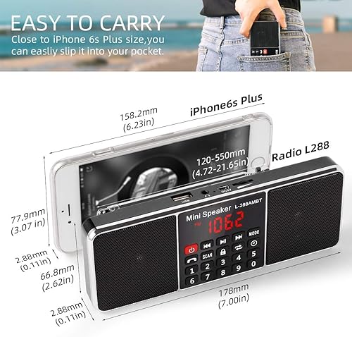 Miniatura 2 de PRUNUS Radio de Bluetooth J-288 AM FM, J-189 pequeña radio portátil recargable con pilas