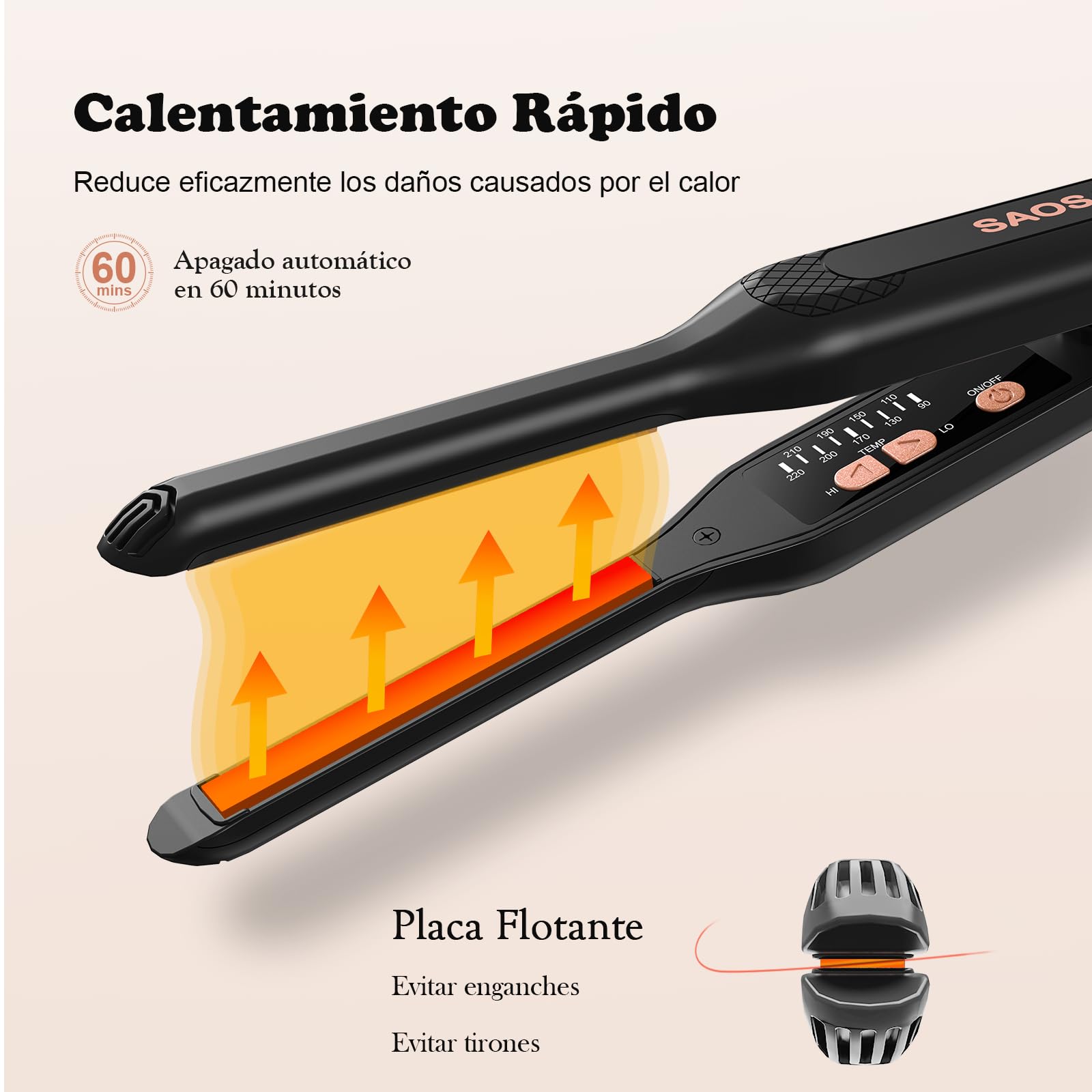 Mini Plancha de Pelo, SAOSA Plancha y Rizador de Pelo 2 en 1Plancha de Pelo Pequeña Para Pelo Corto Para Rizar y Alisar, Placa Calefactora de Cerámica, Doble Voltaje, 90-220°C, Oro rosa (s)