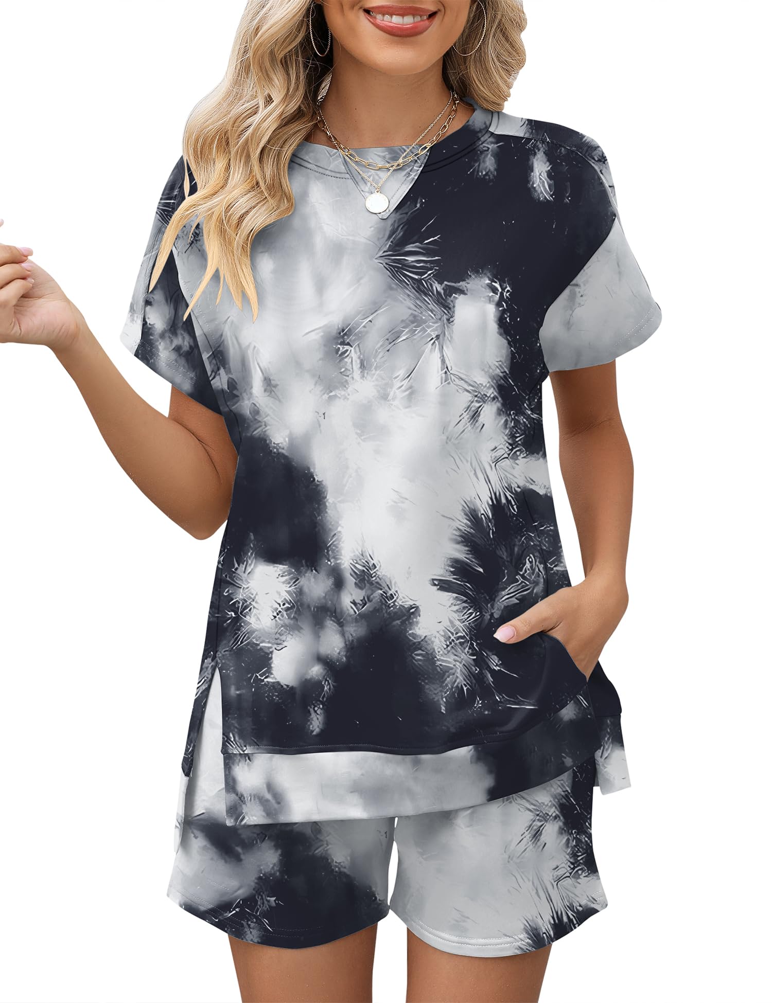 LOMON Womens Fashion 2 Piece Outfits Sweatsuits 2026 Summer Short Sleeve Loungewear Tracksuit Round Neck Lounge Shorts Sets