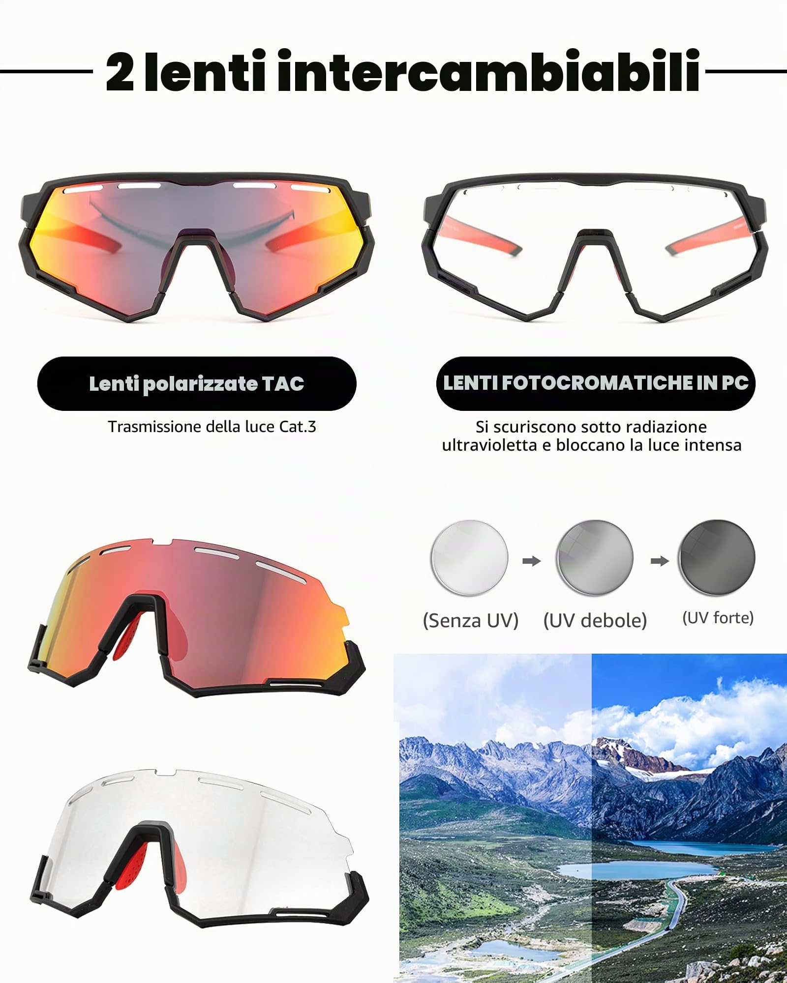ROCKBROS Occhiali da Sole Ciclismo, Occhiali Sportivi Multifunzionali, Lenti Intercmbiabili Polarizzate & Fotocromatiche, Uomo Donna, Adatto per Bici, MTB, Corsa, Pesca