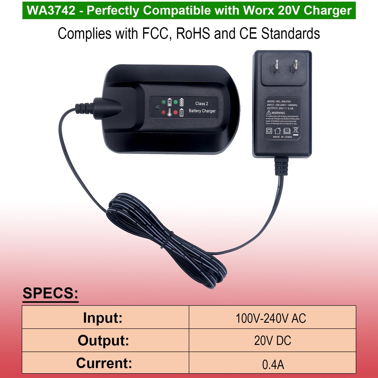 Kekepowtobat Compatible with Worx 20V Battery Charger, WA3742 Charger Compatible with Worx WA3525 WA3575 WA3520 WA3578 WA3016 WA3674 WA3669 20-Volt MAX Lithium Battery