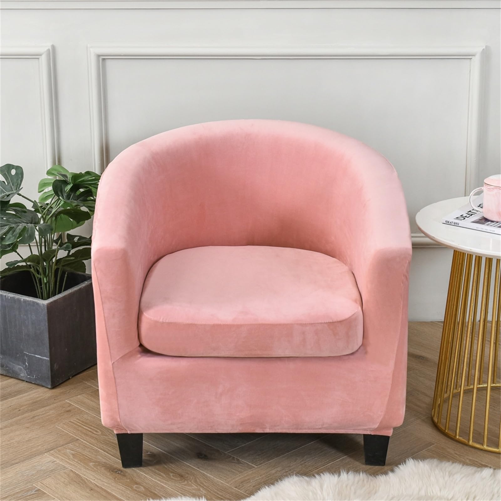 Tub Chair Covers 2 Piece Set - Soft Velvet Tub Chair Cover 2 IN 1 Design Removable Bucket Chair Covers Stretch Armchair Covers with Cushion Cover for Dining Living Room Office Reception (Pink)