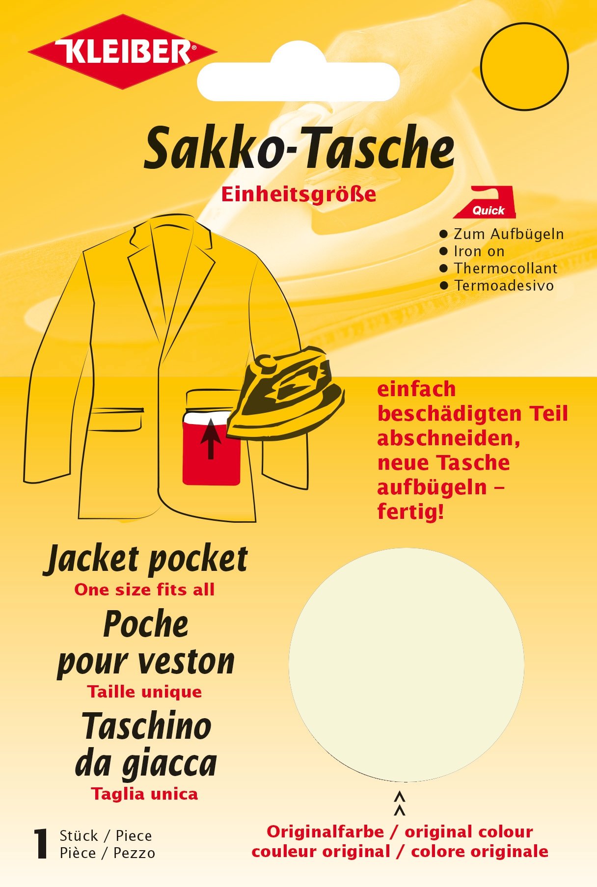 Kleiber Iron-On Jacket Pocket Repair Patch, Beige – No-Sew Mending Kit for Torn or Leaking Pockets – Durable Fabric Reinforcement for Chinos, Coats, and Trousers