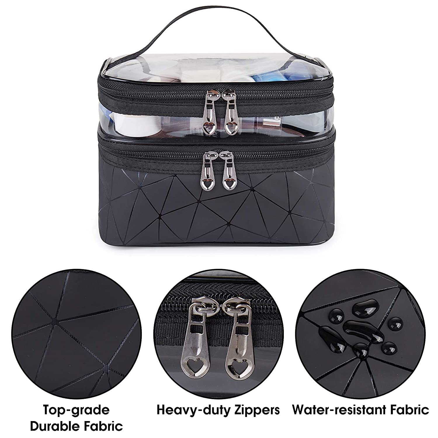 Viulvuk Luxury Double Layer Makeup Pouches for Women | Premium Cosmetic Bags for Girls | Toiletry Kit Pouch with Brush Holder | Travel Wash Bag and inner ware storage organizer - Black Diamond 3