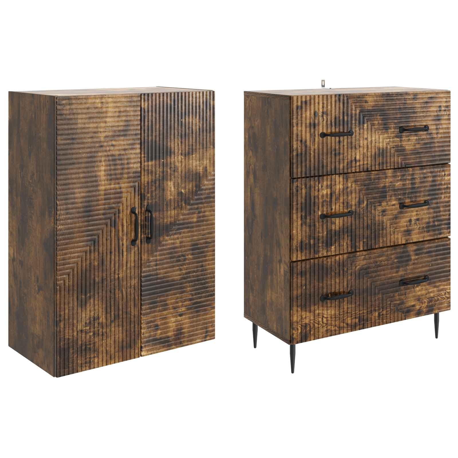 Set di 2 armadietti portaoggetti, in rovere affumicato, 66 x 34,5 x 90 cm, con cassetto e mensola, versatile per ufficio, guardaroba, attrezzi, scaffale e scorta