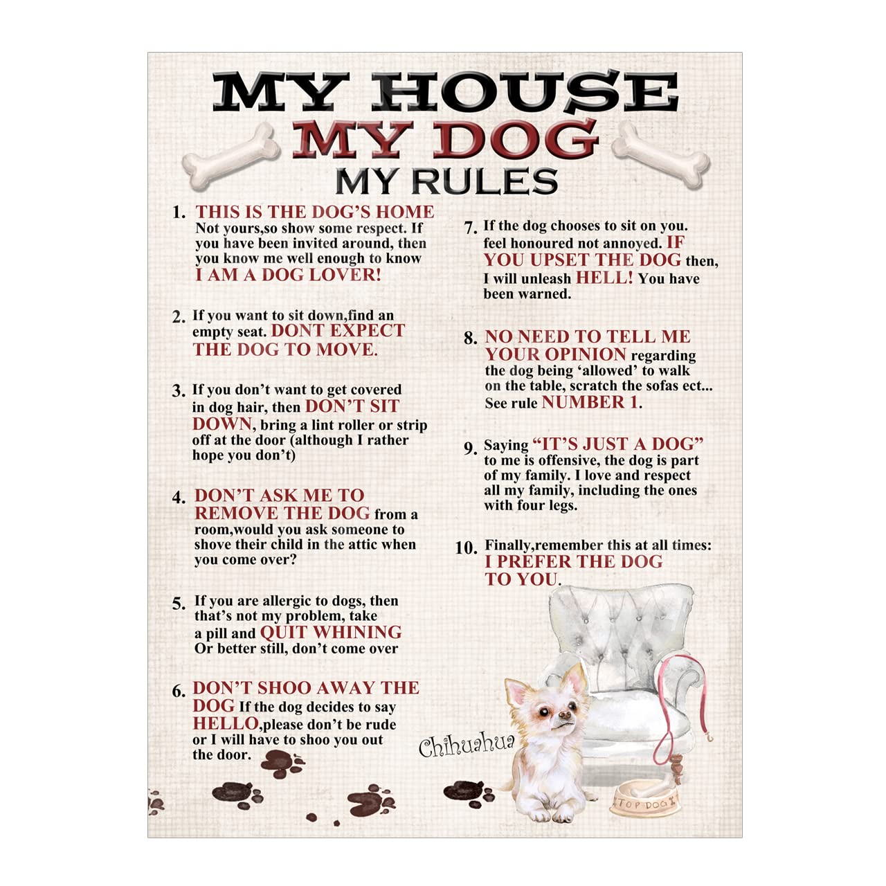 Chihuahua Dog Metal Sign Plaque My House Rules For Garden Man Cave Home Bar Home Decor Shed Garage Poster Gift size 10x8in ref7955