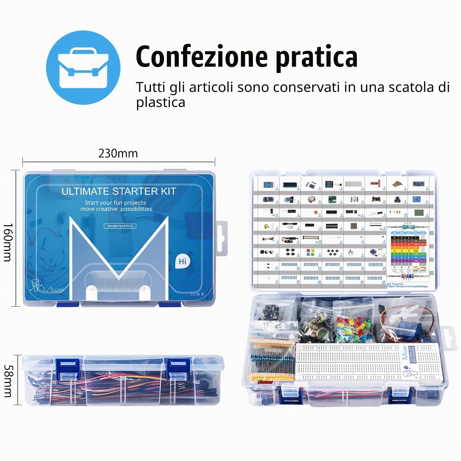 Miuzei Kit di Avviamento Elettronica compatibile con Arduino e Raspberry Pi, con 58 Lezioni, 235 Componenti, Breadboard, Servo, Display LCD, Sensori, Relè, Estensione GPIO