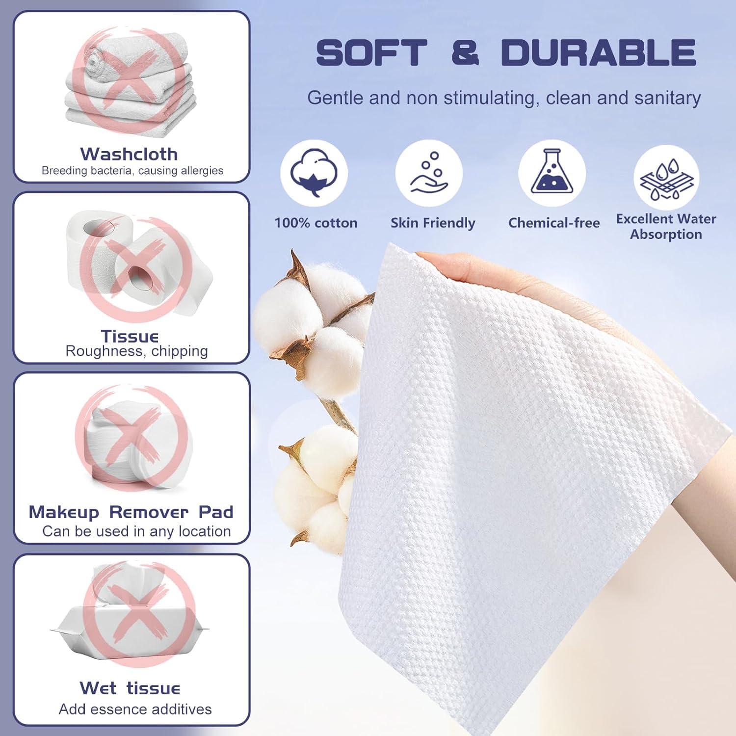 BODFPPC Toallitas Faciales Desechables de Algodón 600 Unidades - Toallas Desechables para Cara, Limpieza Profunda, Maquillaje y Cuidado de la Piel, Multiusos