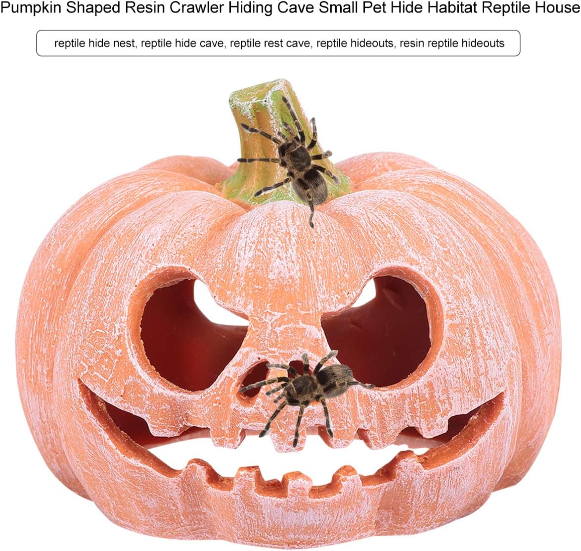 POPETPOP Pumpkin Shaped Resin Reptile Hideout Aquarium Decor Small Pet Hide Cave 3.93 Inch Halloween Habitat for Lizards and Shrimp