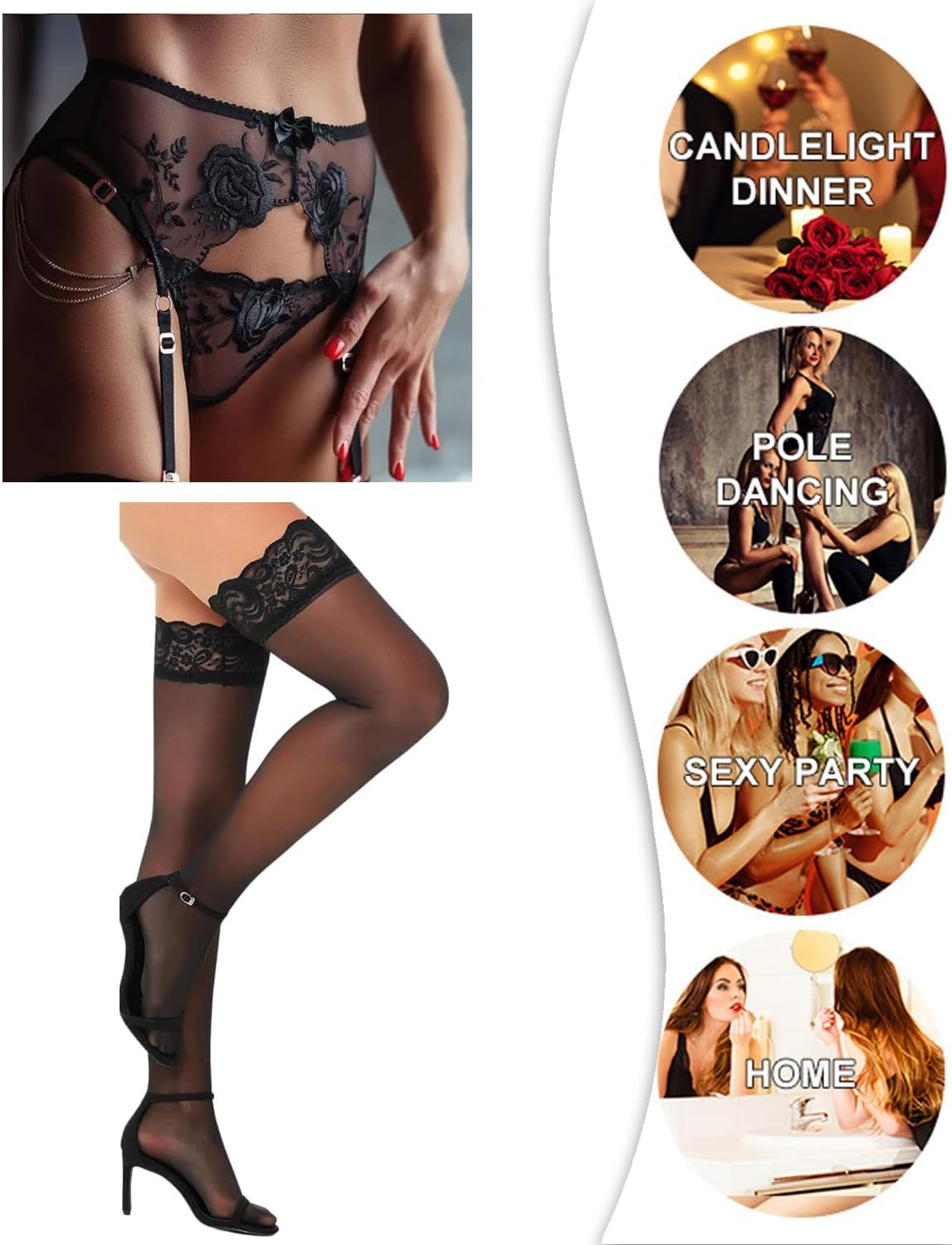 BIGFOX Women's Garter Belt and Sheer Thigh Highs Set Adjustable Suspender 4 Metal Clips Mesh Thong + High Stockings in Black - Image 5