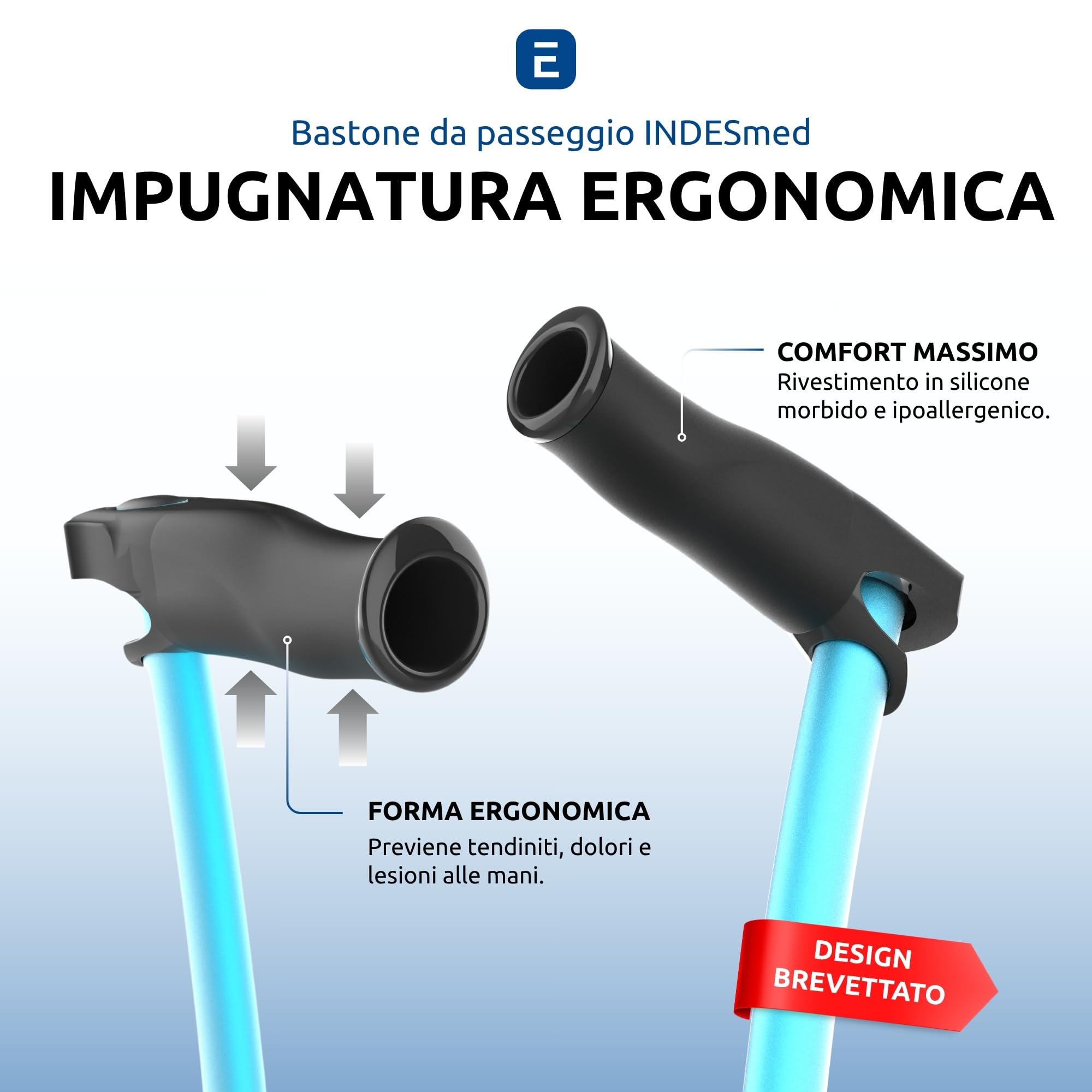 Bastone da Passeggio 100% Alluminio Aerospaziale Ergonomico e Leggero | Impugnatura Ergonomica Antitendinite, Impugnatura Regolabile, Design Elegante, Uomo e Donna, per Anziani | INDESmed