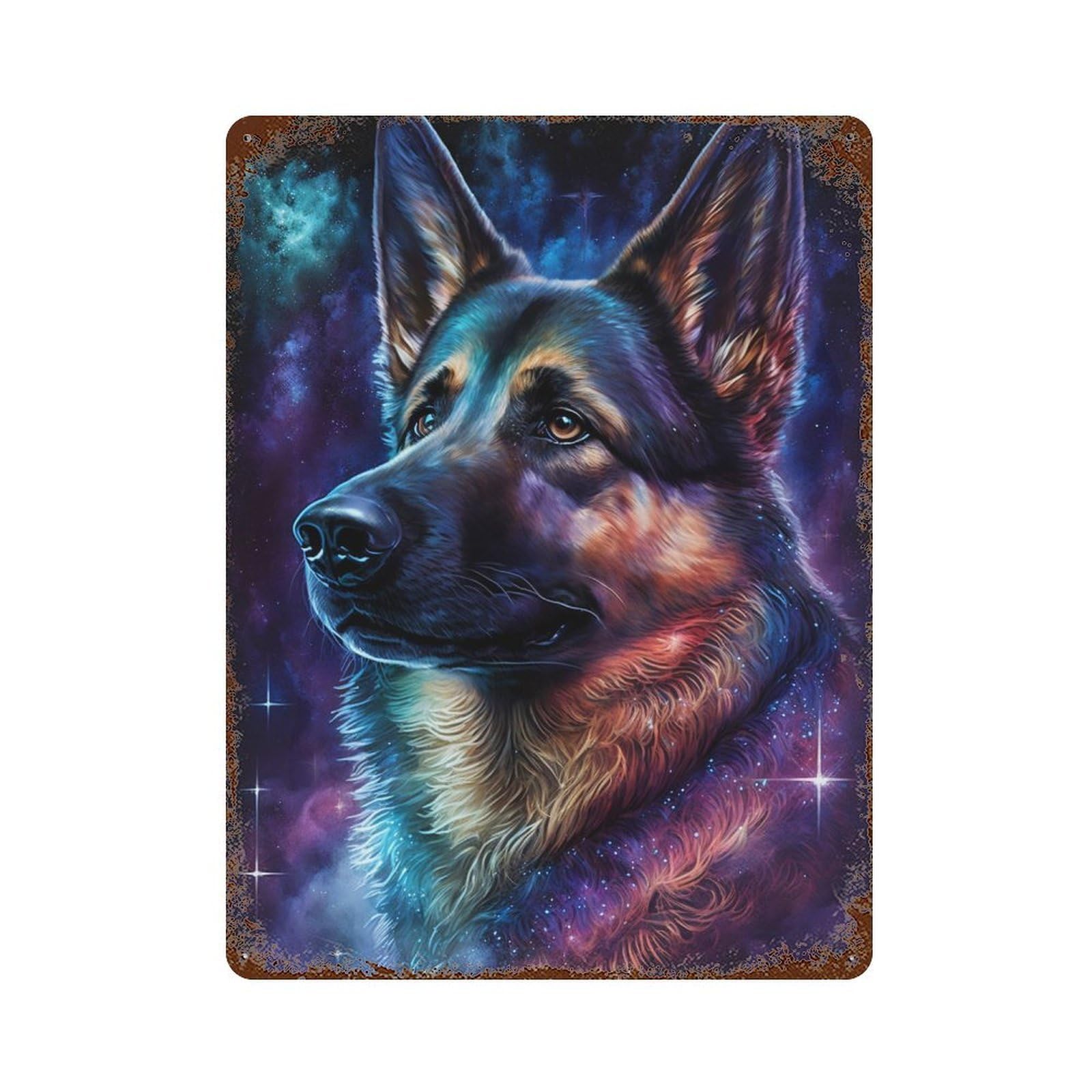 Garage Style Galactic German Shepherd Art Print -2 Aged Metal Wall Plaque 15.7"x11.8", Vintage Wall Decor for Bar And Workshop