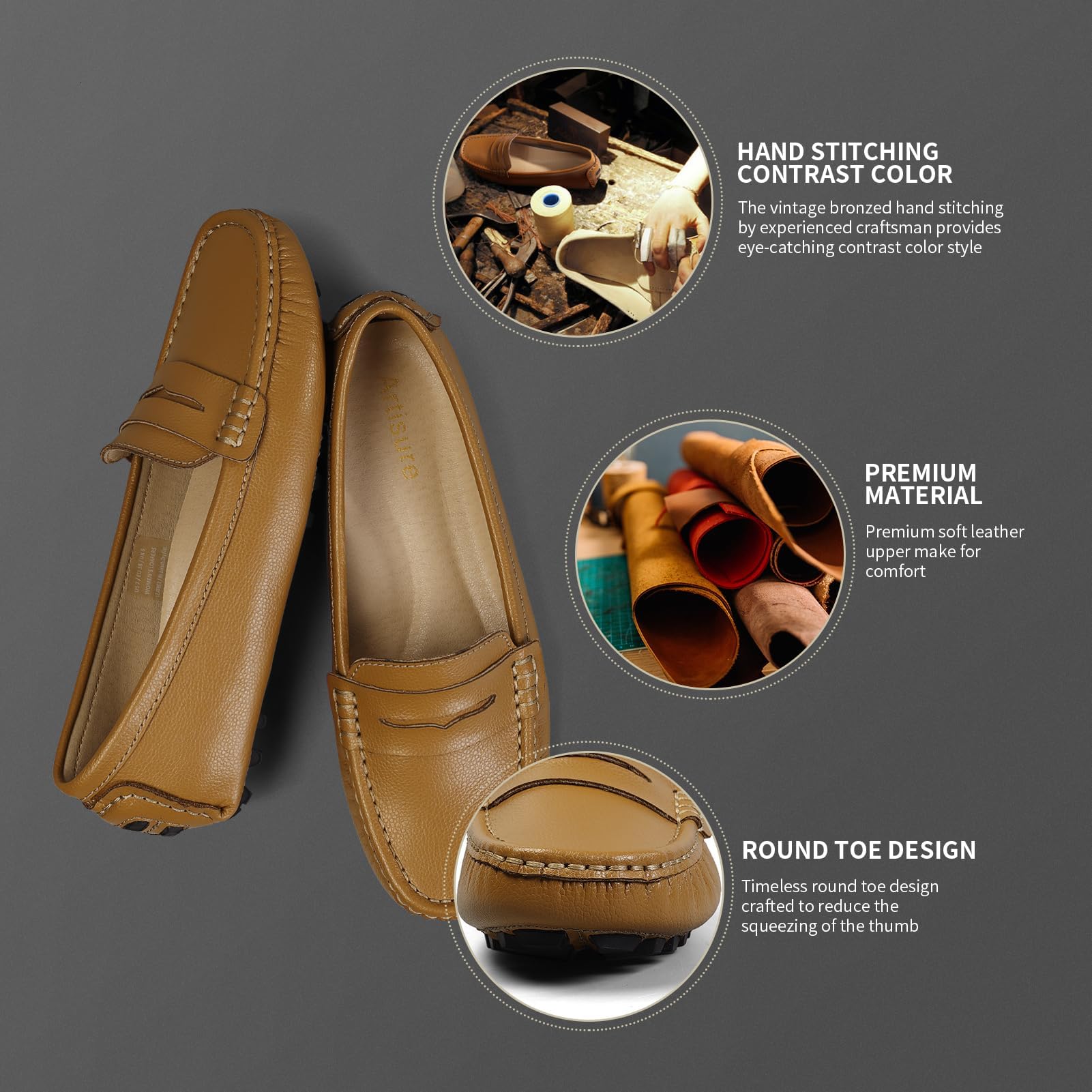 Artisure Women's Classic Comfort Leather Penny Loafers Casual Slip-Ons Lightweight Walking Flats Driving Mocs Boat Shoes