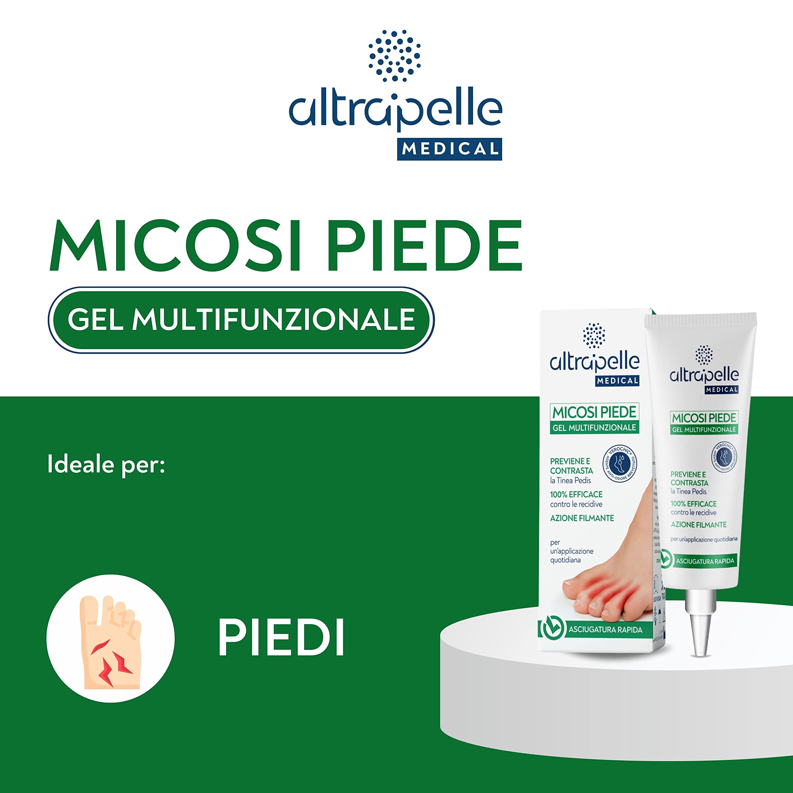 Altrapelle - Gel Multifunzionale Micosi Piede, Contrasta Dermatofitosi e Infezioni Fungine, Formula Antifungina e Lenitiva, Senza Parabeni, Trattamento Efficace per Piedi, Made in Italy, 30ml