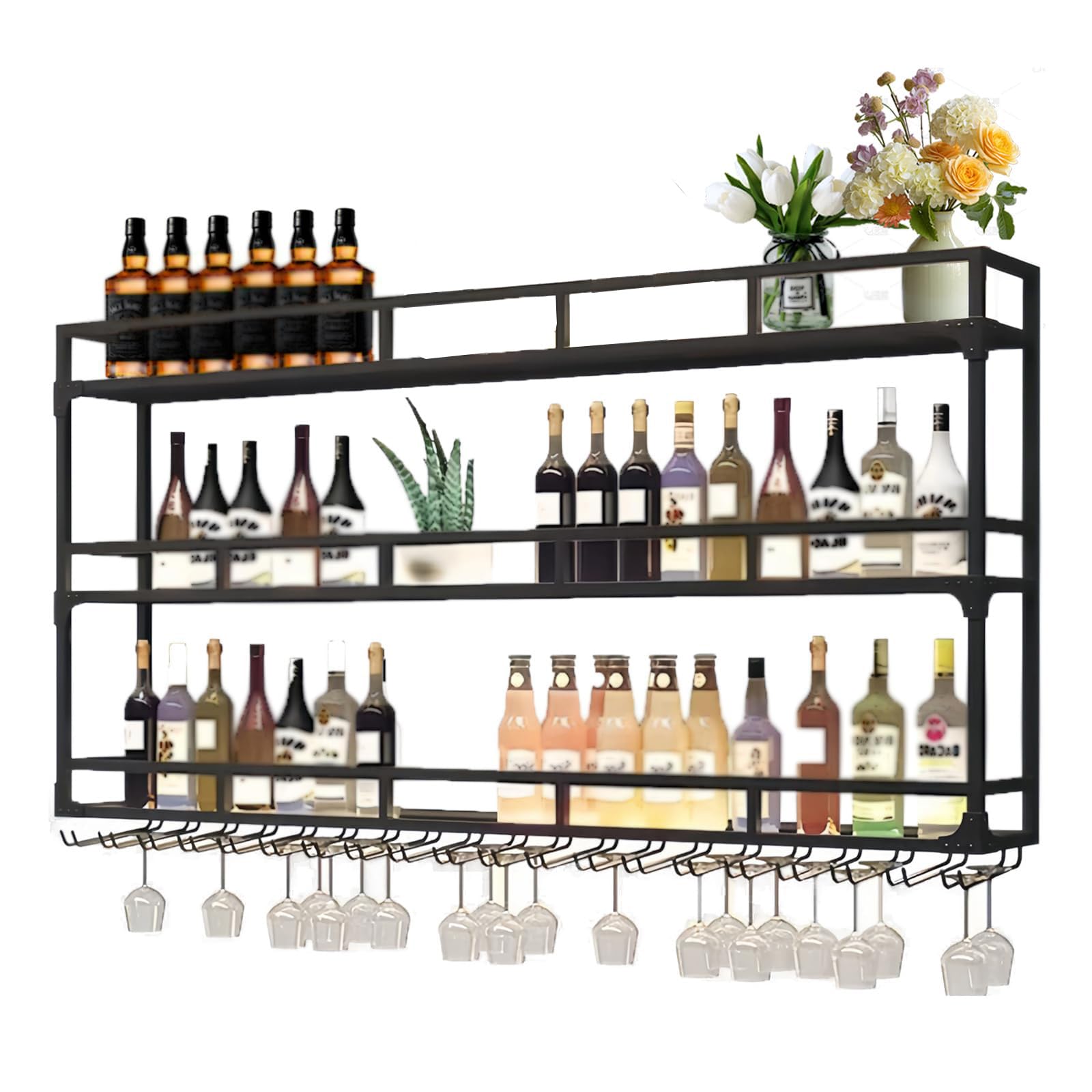 Weinregal Wand, 3 Ebenen Wand-Weinregale mit Glashalter, Multi funktionaler Weinpareite Display Rack,Weinflaschenhalter Wandmontage, für Zuhause, Bar, Küche, Restaurant (BLACK, 150*25*90cm)