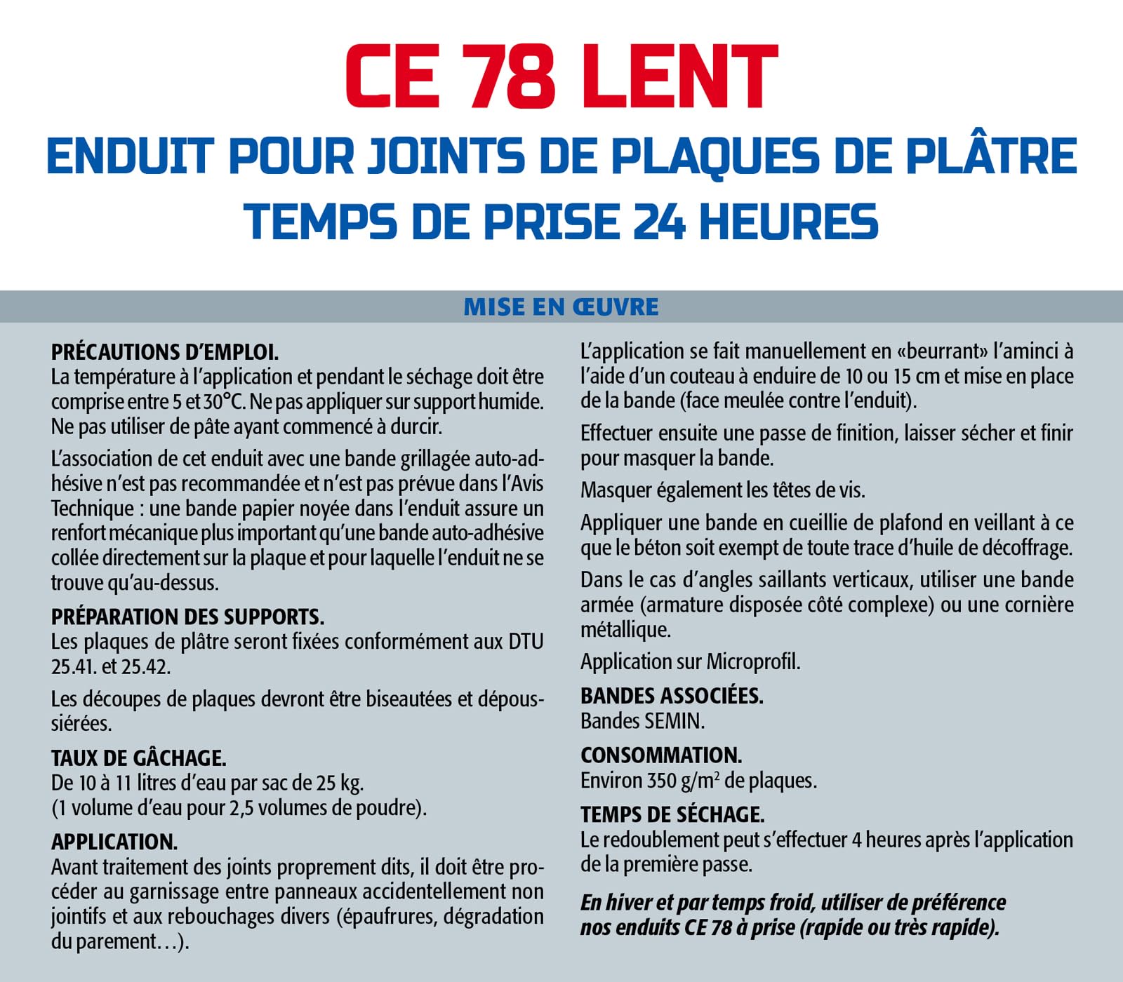 SEMIN CE 78 Lent - 2 X 25 kg - Enduit pour Joints de Plaques de Plâtre avec Bande à Joint - Temps d'Emploi Supérieur à 24 h - Application Manuelle ou Mécanique - Finition Professionnelle - Intérieur