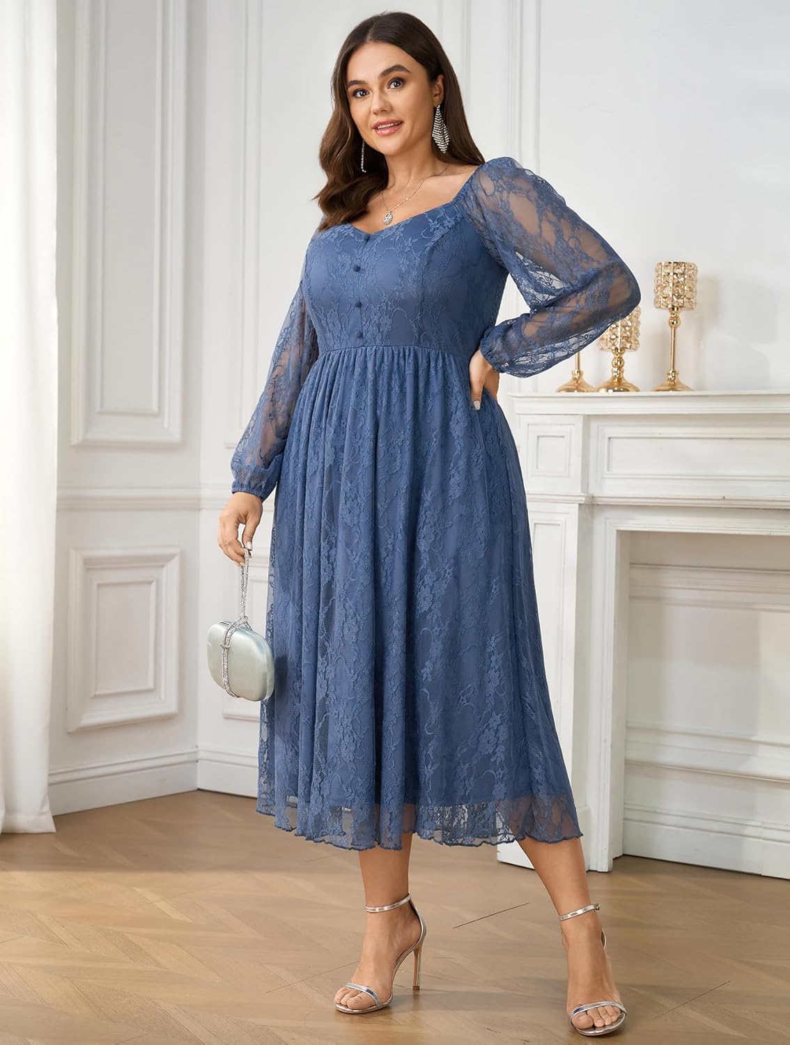 SCOMCHIC Womens Plus Size Cocktail Dress Wedding Guest Lace Long Sleeve Formal Party Maxi Dresses - Image 2