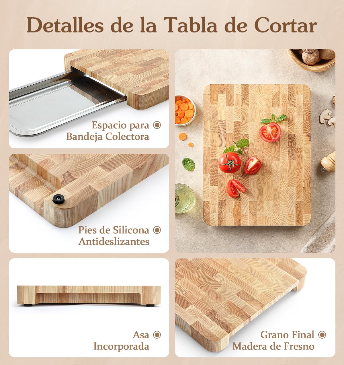 HEZHEN Tablas de Cortar de Madera de Fresno, Madera Bandeja para Servir De Grano Final, Tabla de Picar Tabla para Servir avec Mango Incorporada y Patas Antideslizantes, Espacio para Bandeja Colectora
