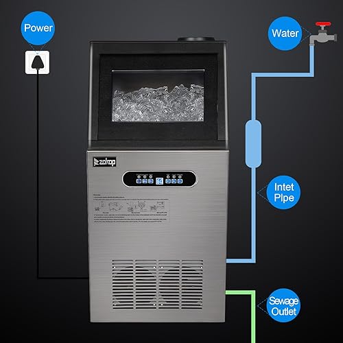 Vista 6 de Winado Máquina de hielo comercial 110LBS/24H, máquina de hielo independiente de acero inoxidable con contenedor de almacenamiento de 24 libras