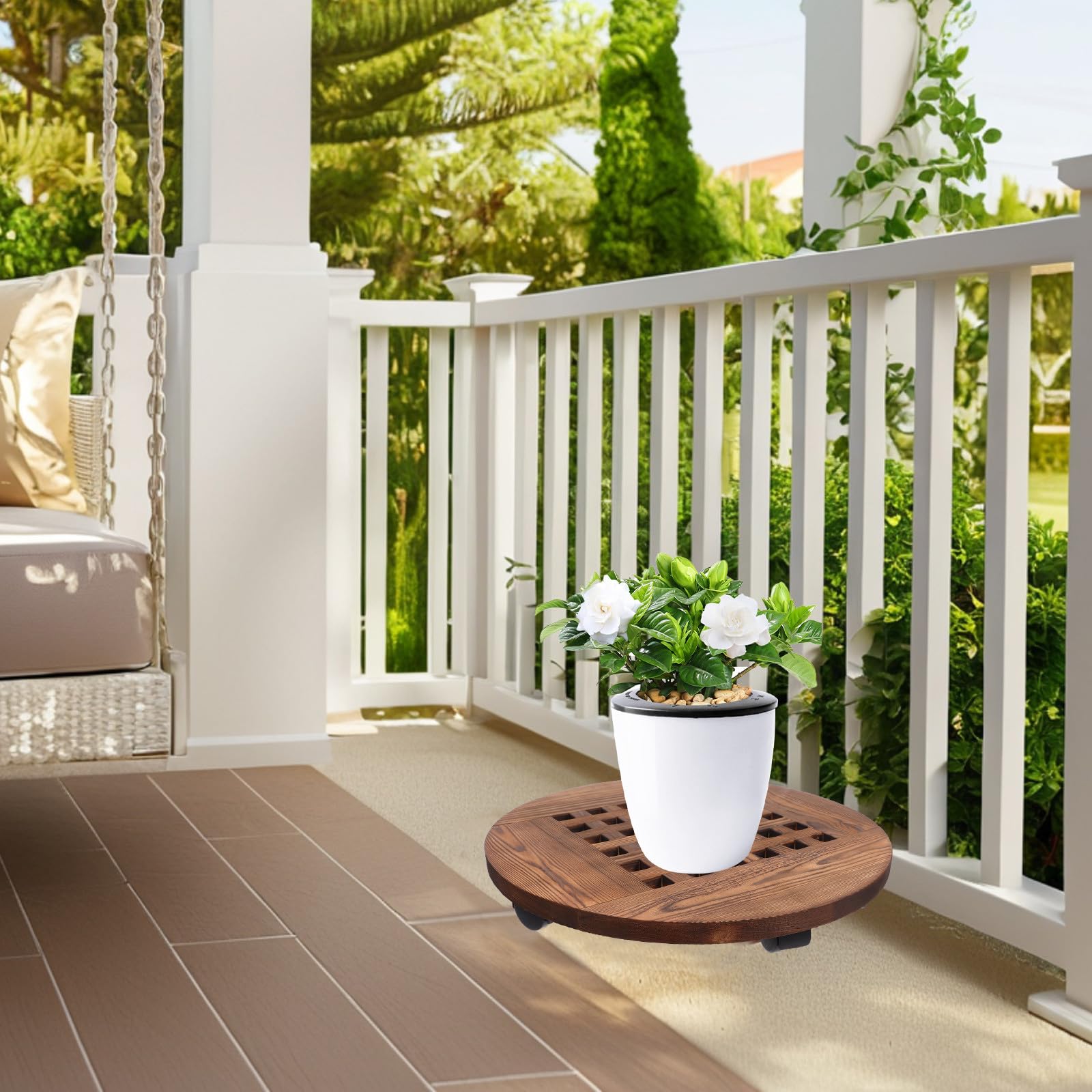 GALPADA Support à Plantes à Roulettes Base Circulaire 40 CM et Chariot en Bois pour Pots Ronds pour Intérieur et Extérieur