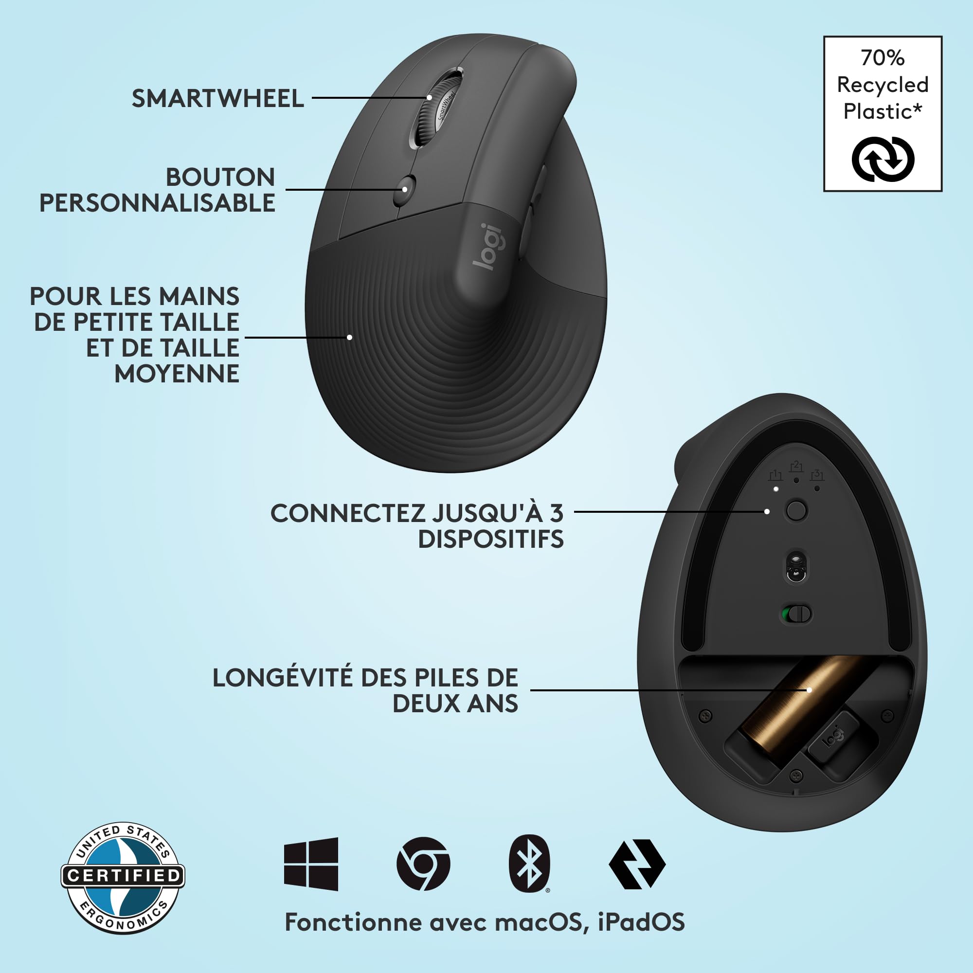 Logitech Lift Left Souris Ergonomique Verticale, sans Fil, Bluetooth ou récepteur USB Logi Bolt, Silencieuse, 4 Boutons, Compatible avec Windows/macOS/iPadOS, Ordinateur Portable, PC - Graphite