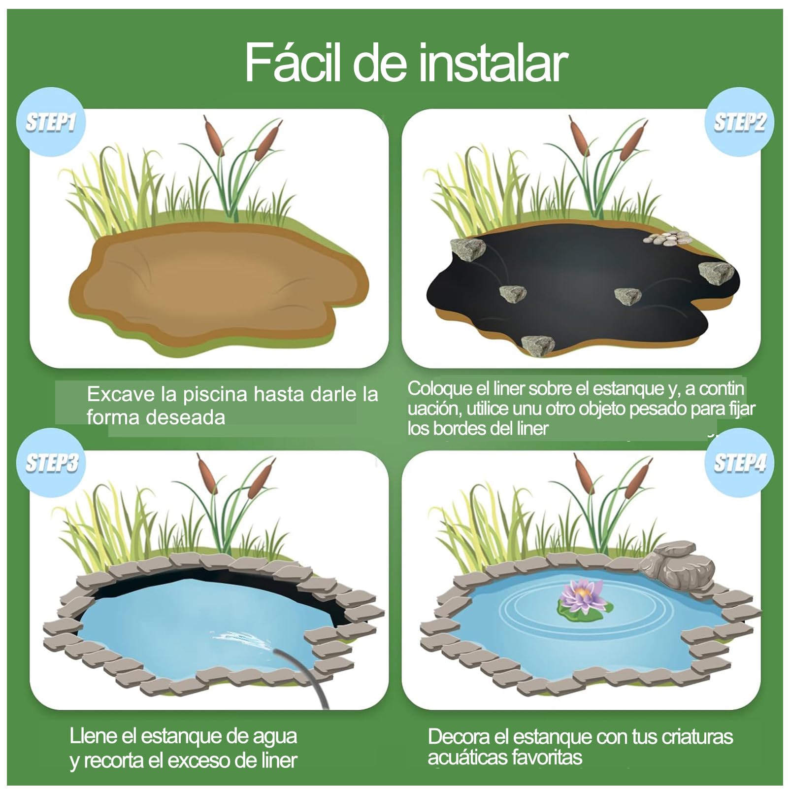 2 x 7,5 m Estanque Gr Plegable - Funda Flexible para Jardín, Paisajismo y Acuarios, Ideal para Mantener Peces Seguros, Fácil de Cortar y Usar
