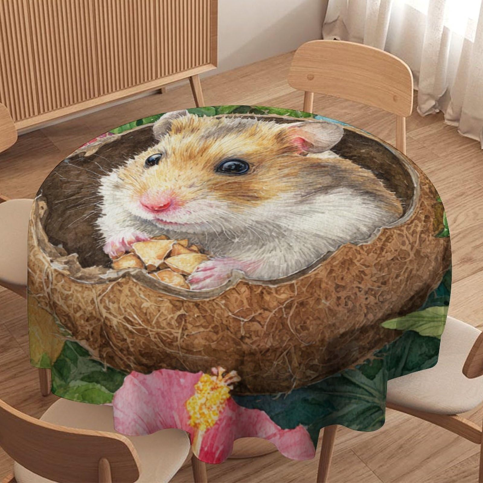 LUYYSKY Beautiful Classic Cute Hamster Waterproof Round Tablecloth Colorful Realistic Palm Leaves Animals Hamster Flowers Washable Table Cover for Kitchen-127 Wx127 L cm