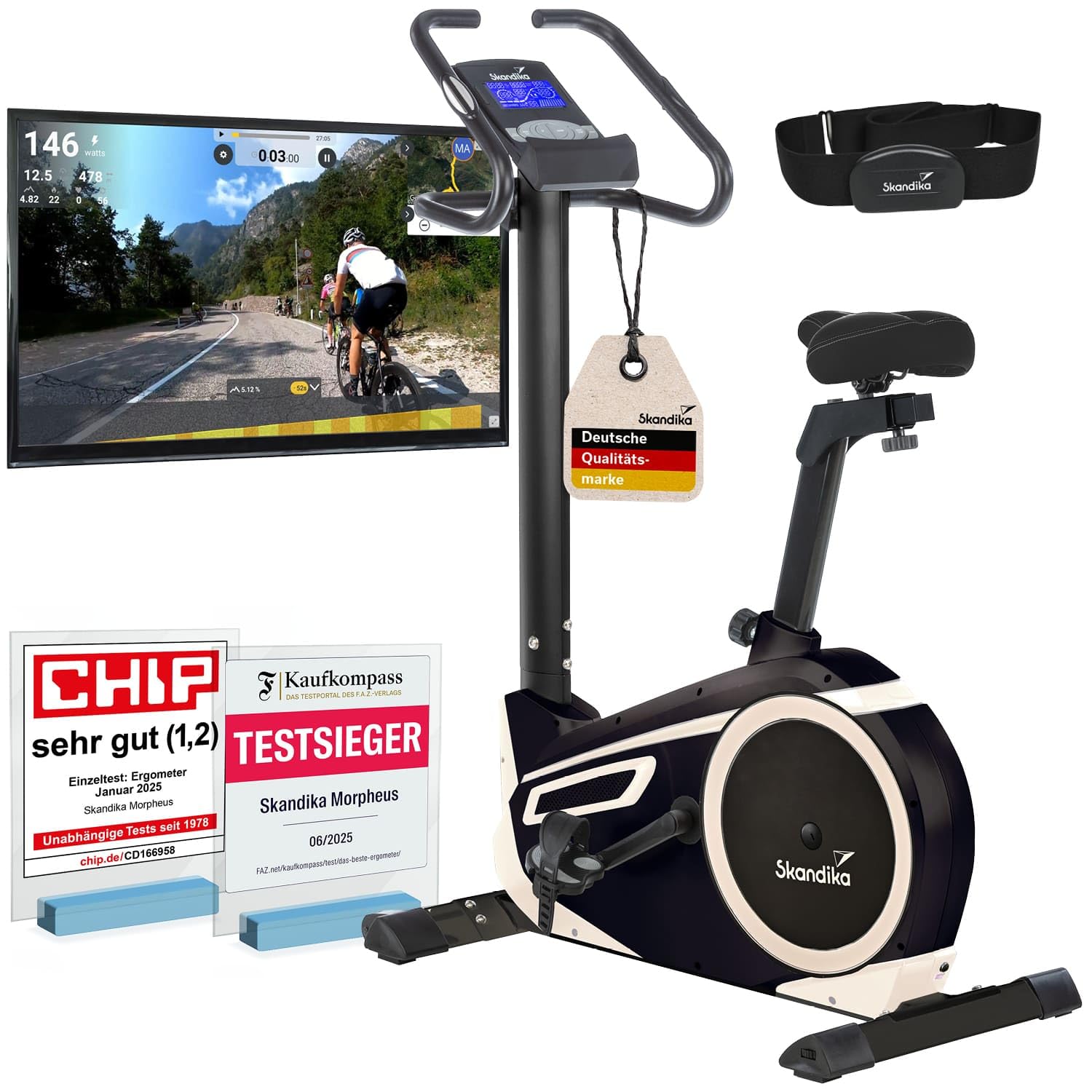 skandika Ergometer Morpheus, Fitnessbike, Heimtrainer mit Bluetooth, Pulsgurt, 32 einstellbare Widerstandseinstellung und Multifunktionscomputer mit Kalorienverbrauch, Puls