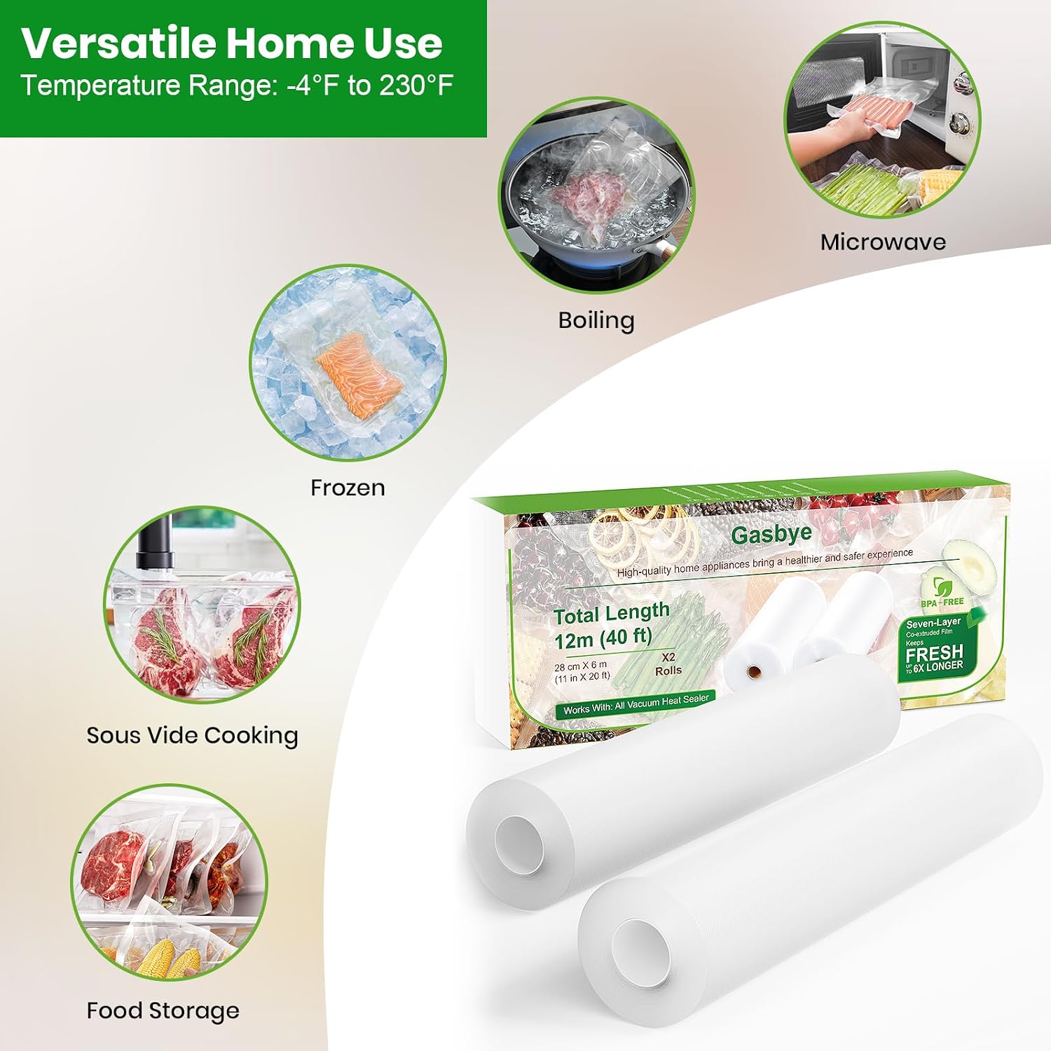 Gasbye Vacuum Sealer Bags, 2 Pack 11"x 20' Rolls, BPA-Free Commercial Grade, Durable Customized Size for Airtight Food Storage, Meal Prep or Sous Vide Cooking