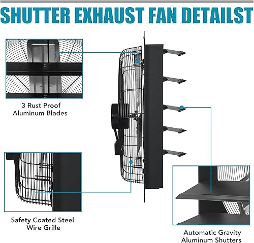Miniatura 7 de VENTISOL Ventilador de obturador de escape de 24 pulgadas, con controlador de velocidad variable, ventiladores de ventilación montados en la pared