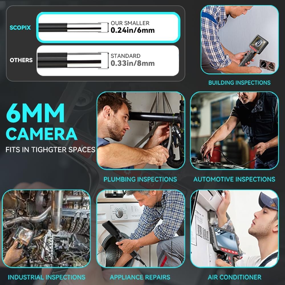 Articulating Borescope Camera with Screen, 2-Way Flexible Endoscope Camera with Light, 1080P HD, Small Diameter 0.24 Inch Probe for Engine and Pipe Inspection (Red)