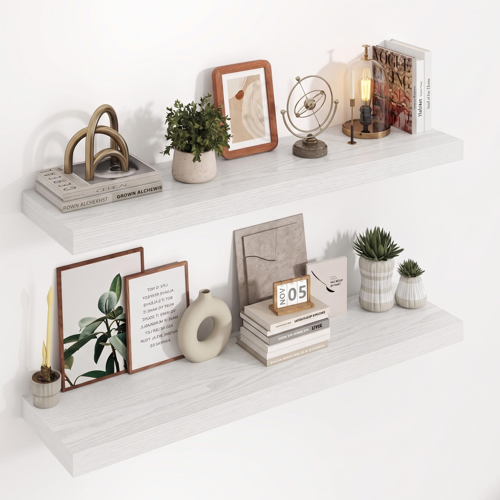 Acovy Floating Shelves for Wall, 23.5cm Extra Deep 100cm Long Wooden Wall Mounted Shelf, Wall Shelves for Living Room Bathroom Bedroom Kitchen, White, Set of 2