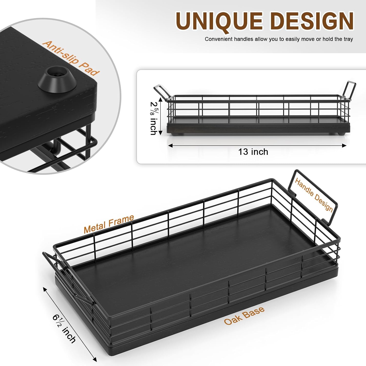 Toilet Paper Basket, 13 Inch Oak and Iron Tank Tray Top of Toilet Storage Toiletries Organizer for Bathroom, Living Room and Kitchen (Black) - Image 6