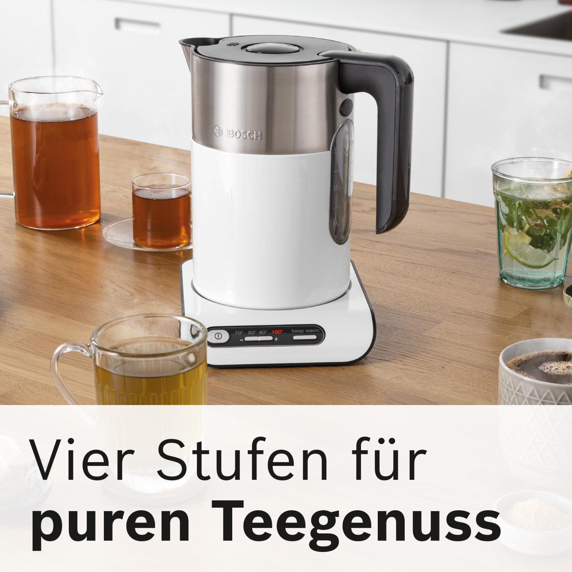 Bosch kabelloser Wasserkocher TWK8611P, Abschaltautomatik, Überhitzungsschutz, Temperaturwahl, Warmhaltefunktion, 1,5 L, 2400 W, weiß