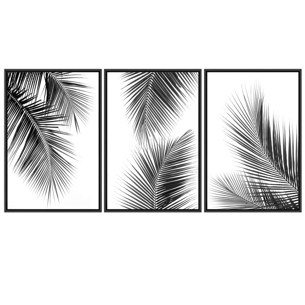 SIGNWIN 3 Piece Framed Canvas Wall Art Black and White Tropical Leaves Canvas Prints Home Artwork Decoration for Living Room,Bedroom - 16"x24"x3 Black
