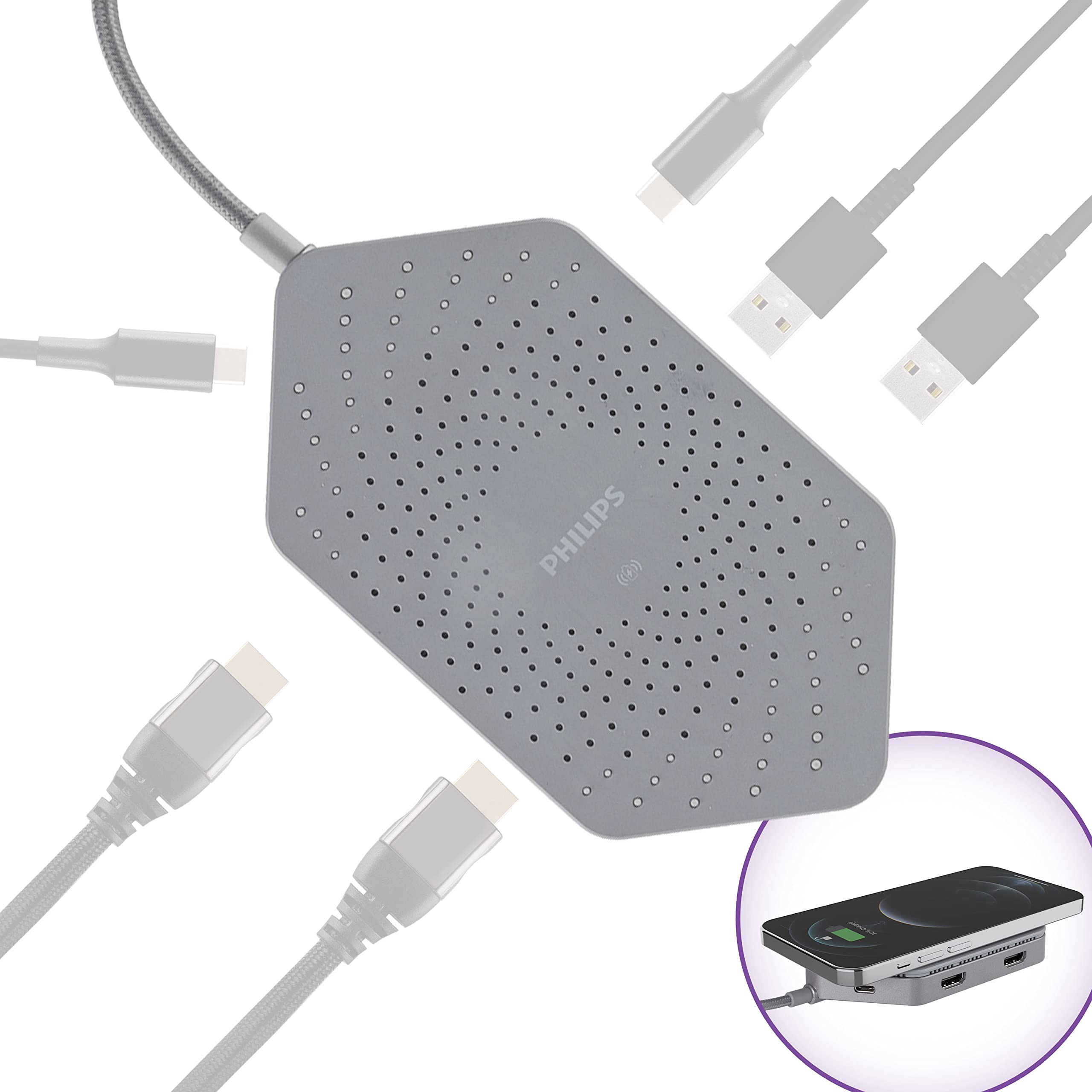 Philips Elite DLK9121C/27 Station d'accueil de voyage USB-C avec Qi, 1 port HDMI, 2 USB-A, lecteur SD, port Ethernet,