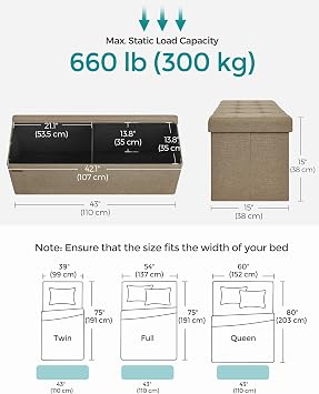 SONGMICS 43.3 Inches Folding Storage Ottoman Bench, Load 660 lb