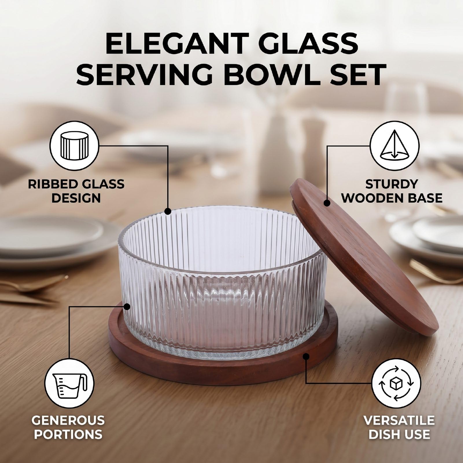 Haofy Ensaladera de Vidrio 9.06x5.91x5.71 Pulgadas 1700g Tazón de Vidrio Acanalado de Gran Capacidad con Tapa de Madera, Tazón Transparente para Servir para Cenas Familiares Ensaladas (claro)