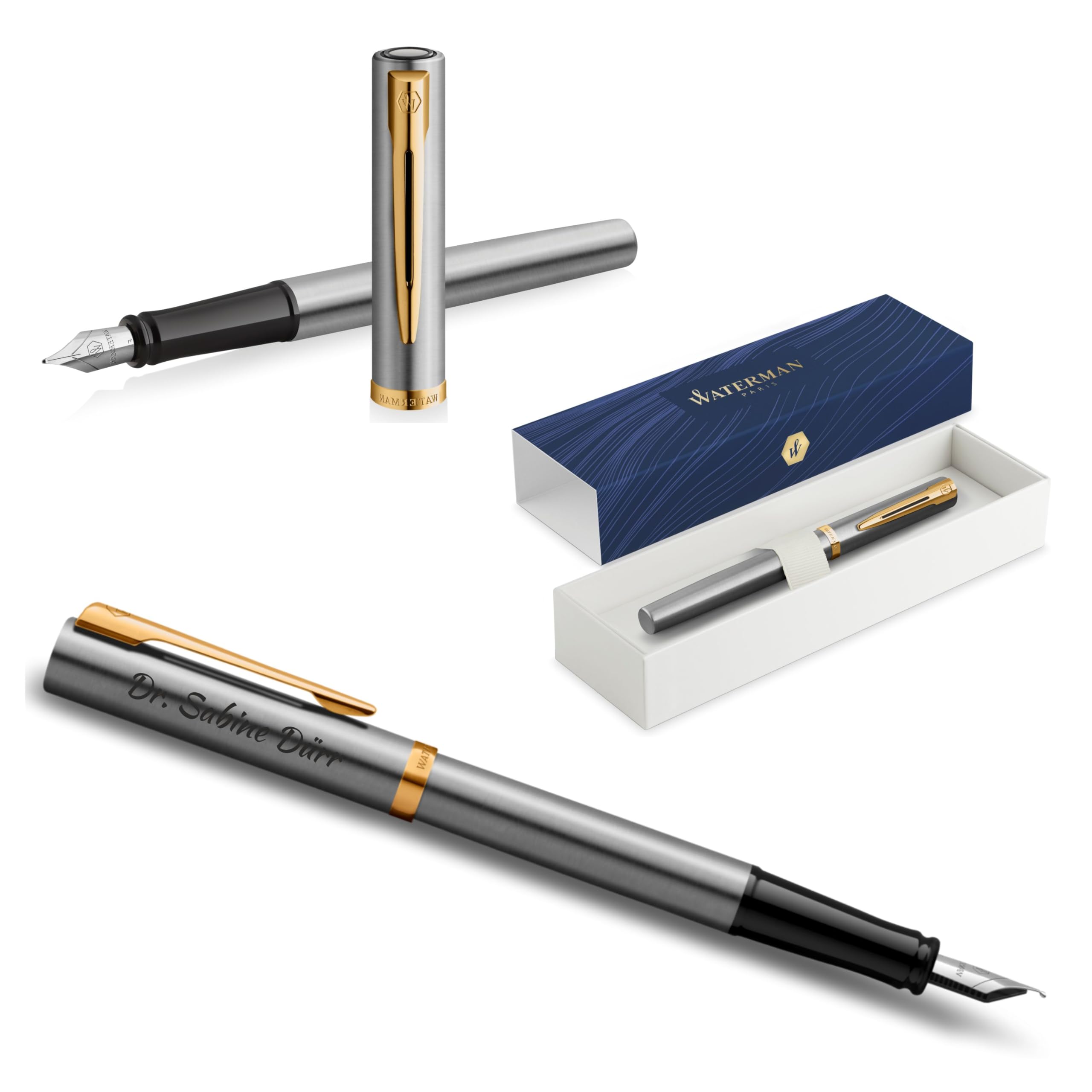 Waterman Impression Füllfederhalter mit Gravur – Personalisierter Premium-Füller – Eleganter Schreibstift Geschenk für Männer & Frauen – Blaue Tinte (Stainless Steel GT)