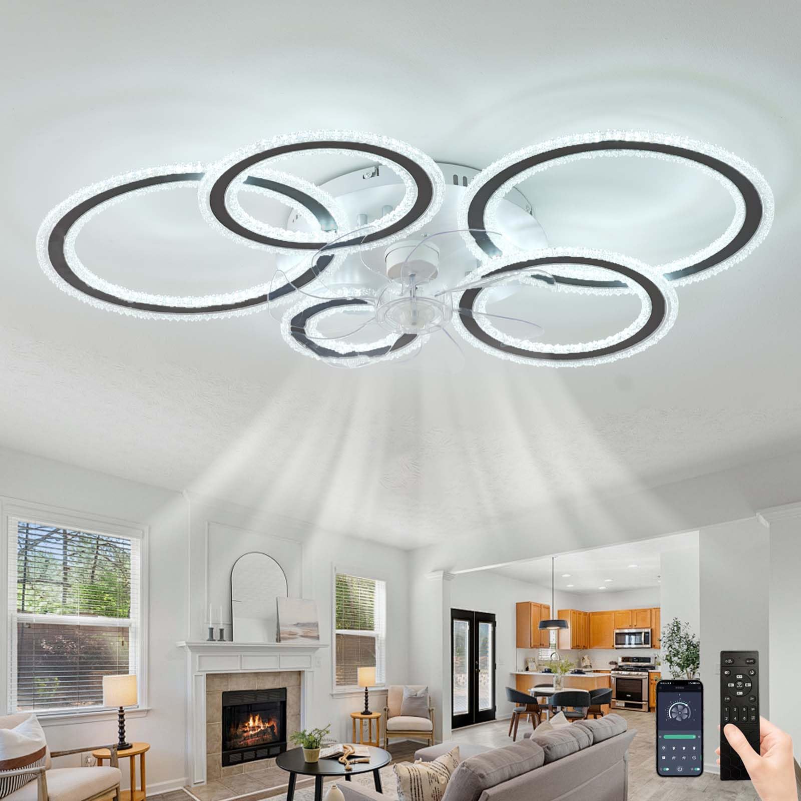 SXDMOUBK Ceiling Fan Lights with Remote Control,Thin Reversible,Ceiling Light with Fan,Led Dimmable 6 Speed 86cm Bedroom,Chandeliers Ceiling Lights,Black App Remote