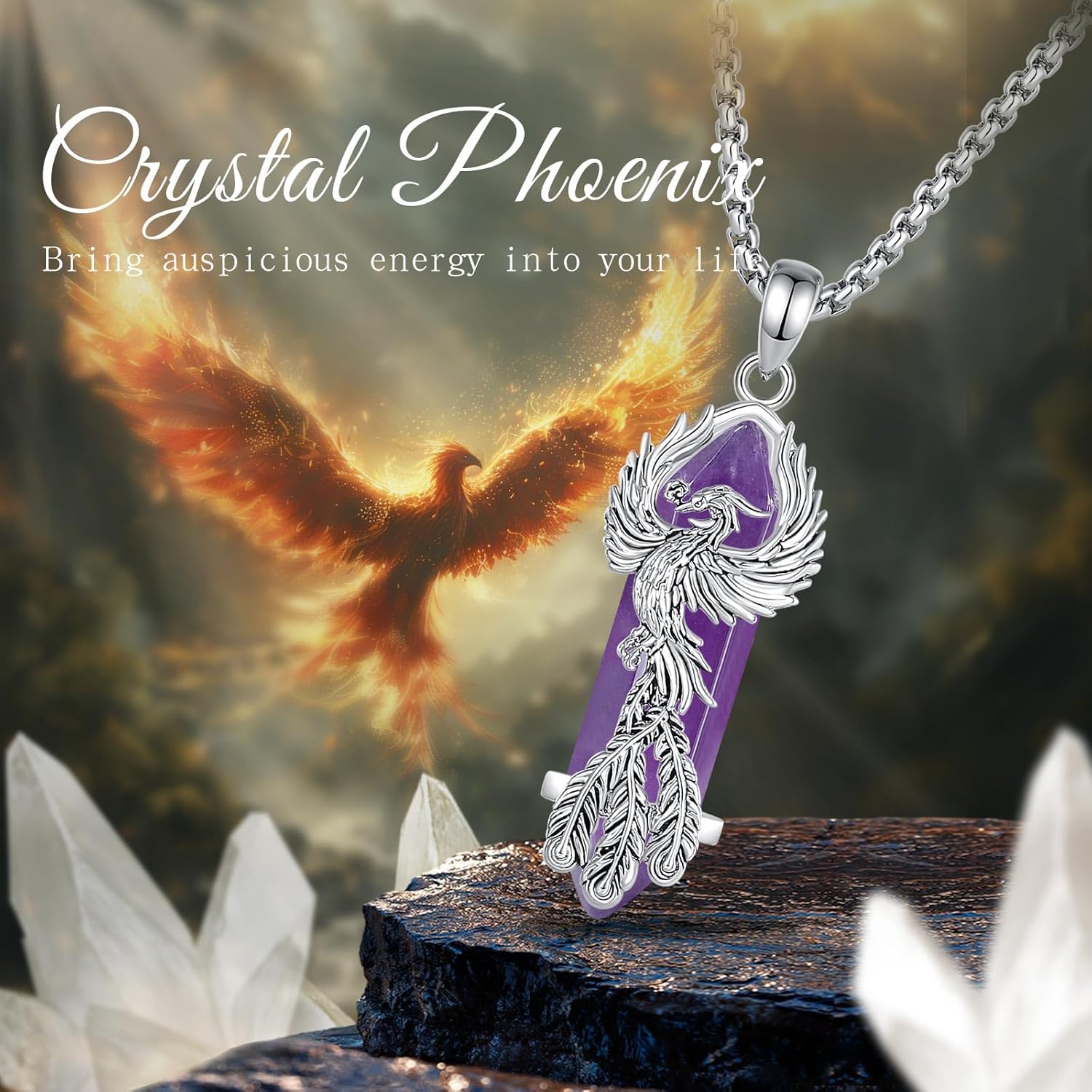 AEONSLOVE Dragon & Phoenix Necklace with Healing Crystal – Amethyst/Obsidian/Turquoise/Lapis Lazuli/Malachite/Clear Quartz/Rose Quartz/Carnelian Crystal Jewelry Gifts for Women Men - Image 7