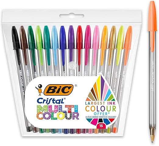 Pack De 27 Stylos BIC Cristal Multicolour - Pointe Large 1.6 Mm - Classiques, Fluos, Fantaisie