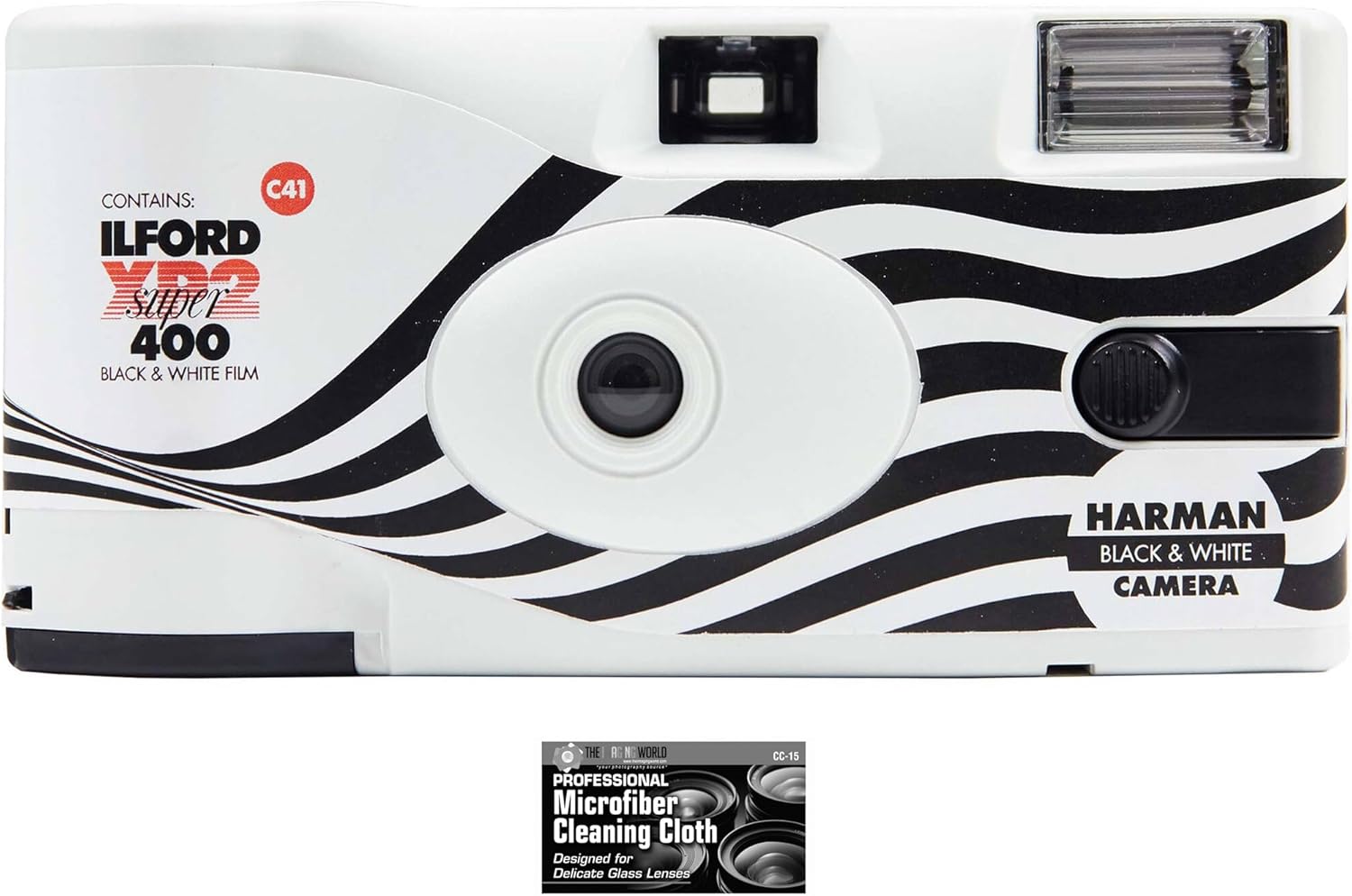 XP2 35mm ISO-400 B&W One-Time Single-Use Disposable Camera with Flash - 27 Exposures with Microfiber Cleaning Cloth