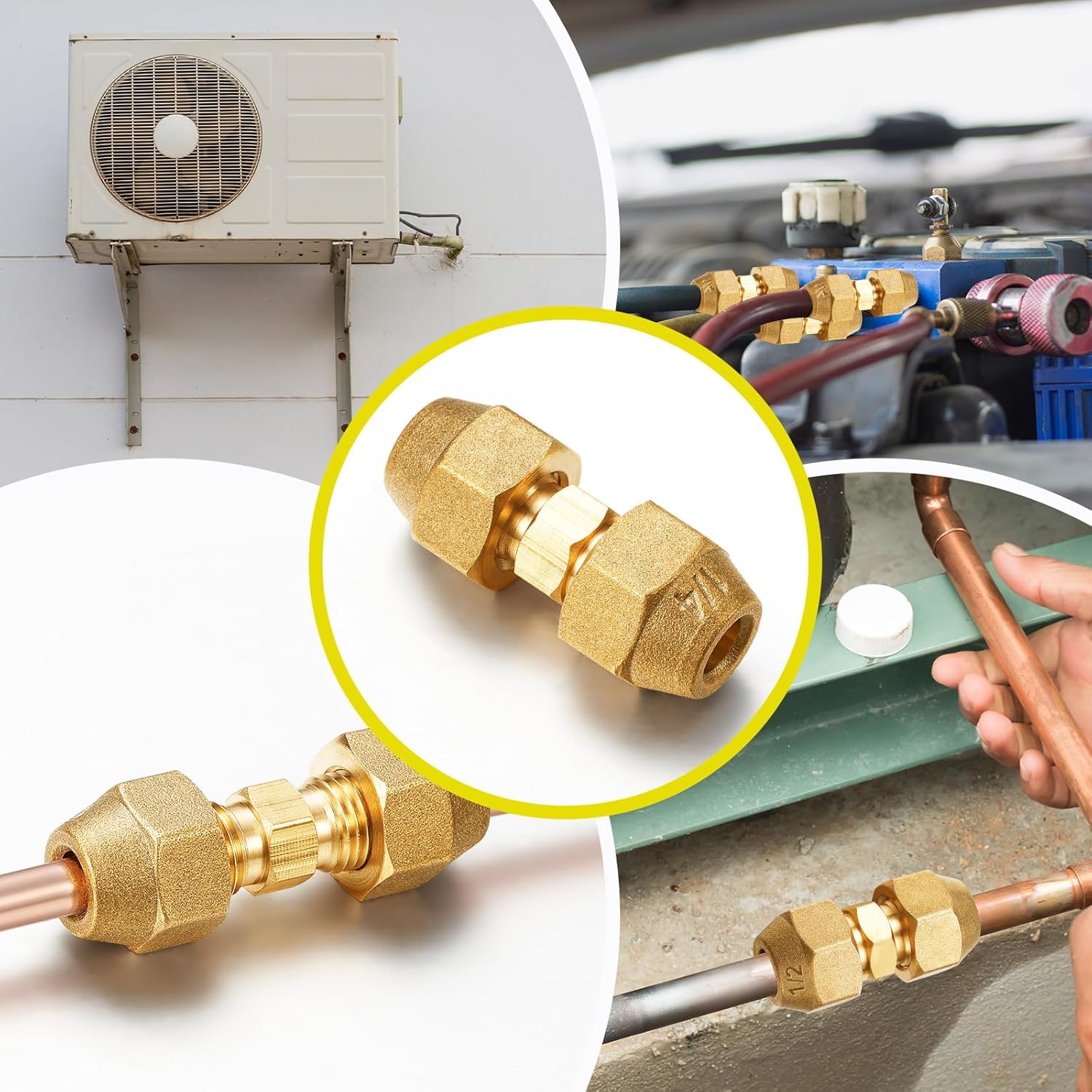 Relaxweex 4 Pcs 1/4" 1/2" Copper Pipe Extension Joint Connectors Pipe Coupling Adapters with Flare Nuts Flare Fittings for HVAC Air Conditioning Refrigeration Copper Tube