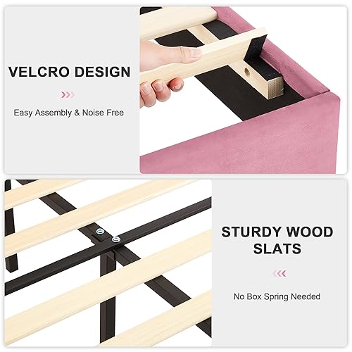 Miniatura 56 de VECELO Base de cama tamaño matrimonial tapizada con cabecera de tela, soporte de listones de madera, no necesita somier, base de colchón, color