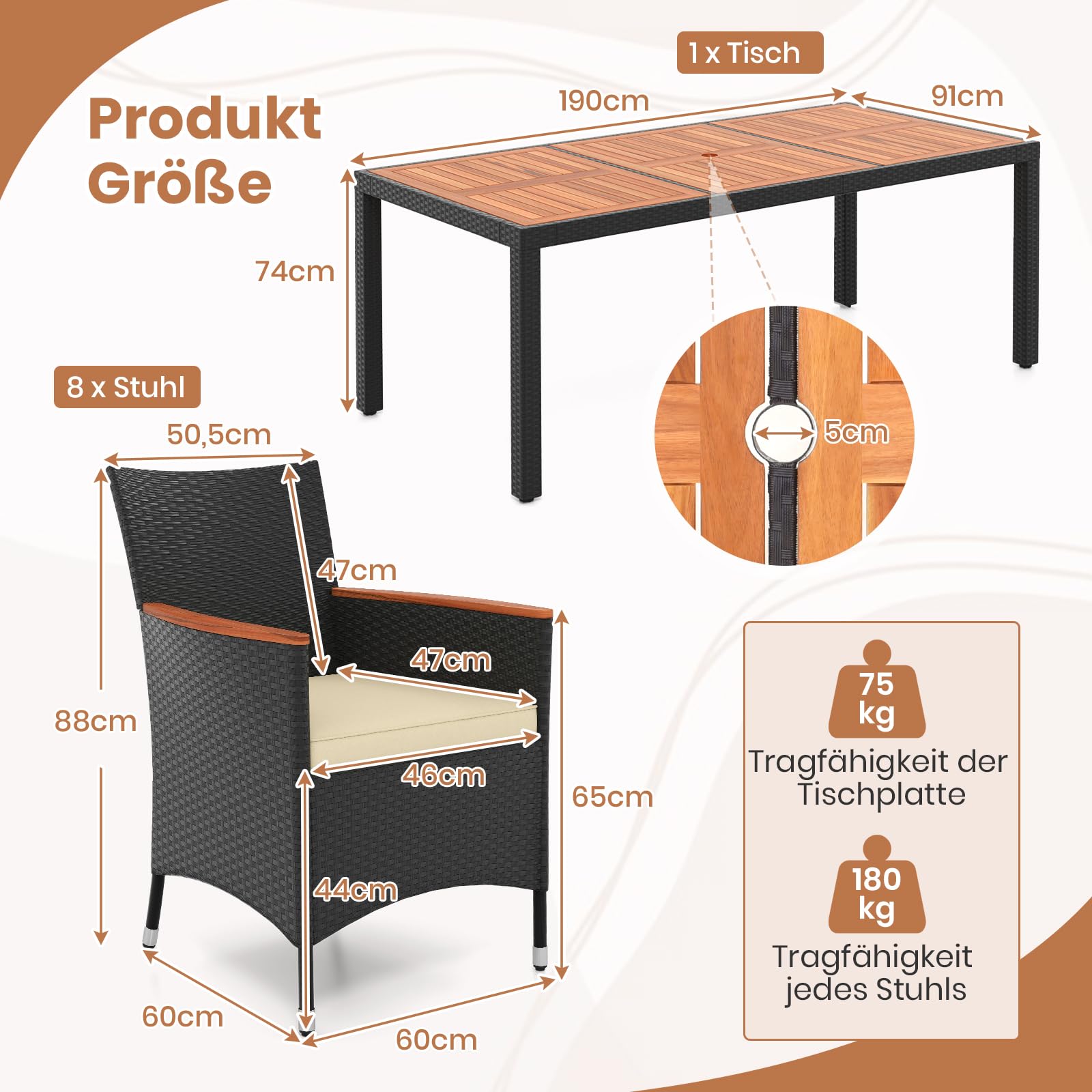 GIANTEX Rattan Gartenmöbel Set, Sitzgruppe Garten Lounge 8 Stühle mit Tisch, Rattan Lounge Möbel Outdoor, Terrassenmöbel Balkonmöbel Set für 8 Personen, Gartengarnitur Sitzgarnitur Garten Essgruppe