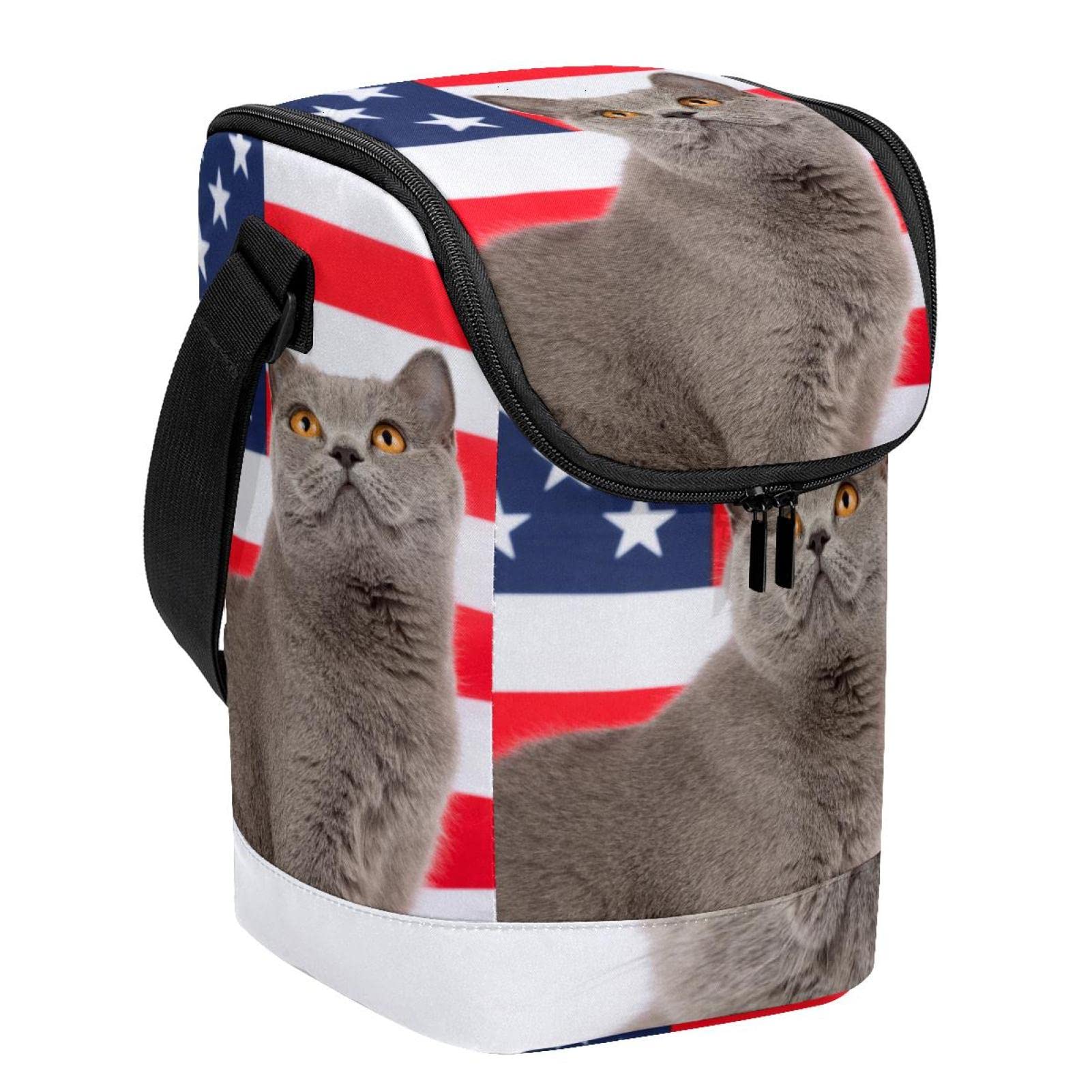 Lonchera de gato con bandera americana térmica porta alimentos con correa ajustable