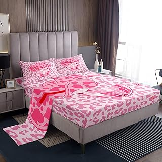 Manfei Cowgirl Sheet Set Full Size, Pink Cowboy Hat Planet Bed Sheet Set 4pcs with Deep Pocket Fitted Sheet + Flat Sheet + 2 Pillowcases, Pink Leopard Skin Print Bedding Set for Kids Girls Room Decor
