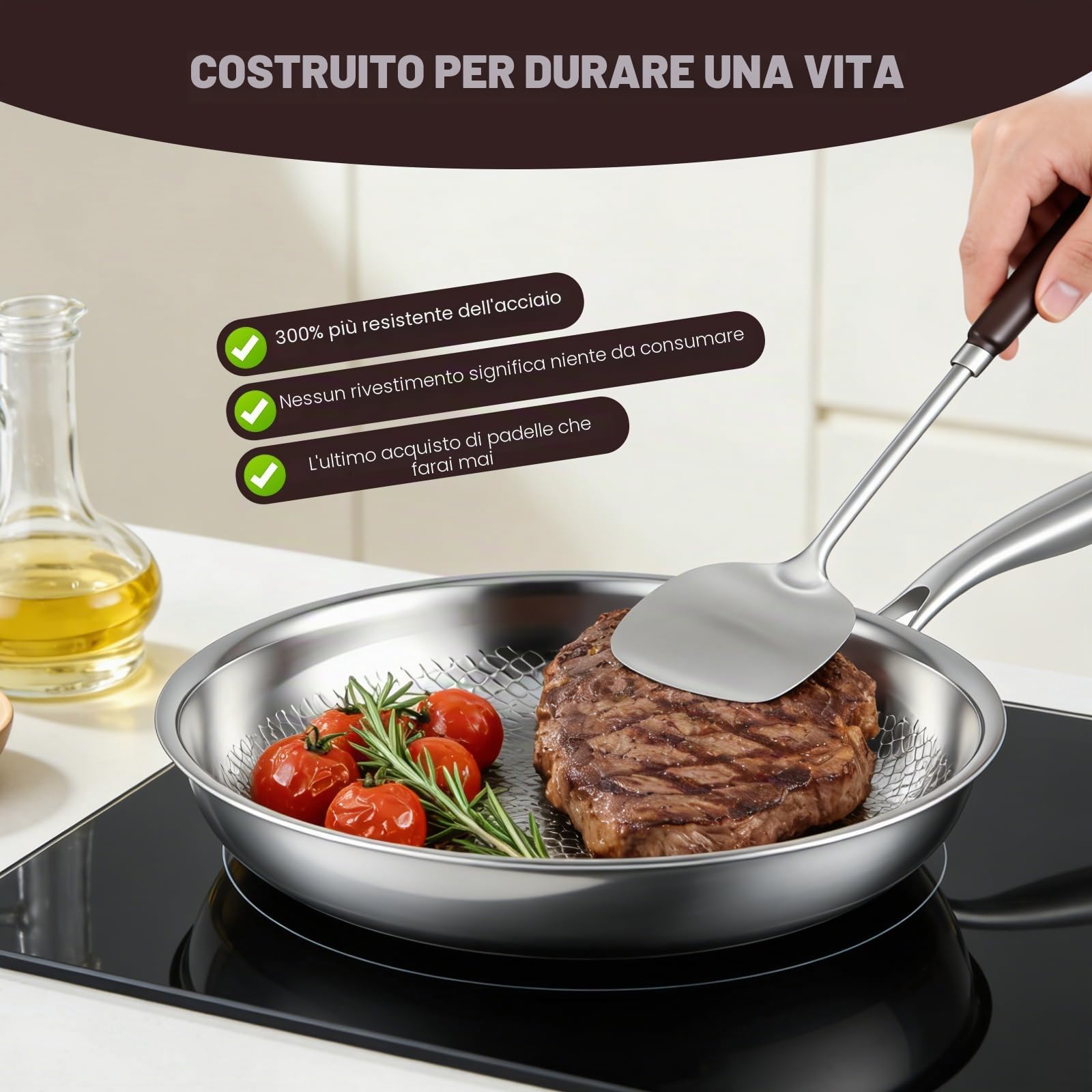 Padella in titanio generica con spatola, antiaderente wok martellato in titanio per cucinare, utensili da cucina versatili per friggere, cuocere, bistecca, ristorante (26 cm)
