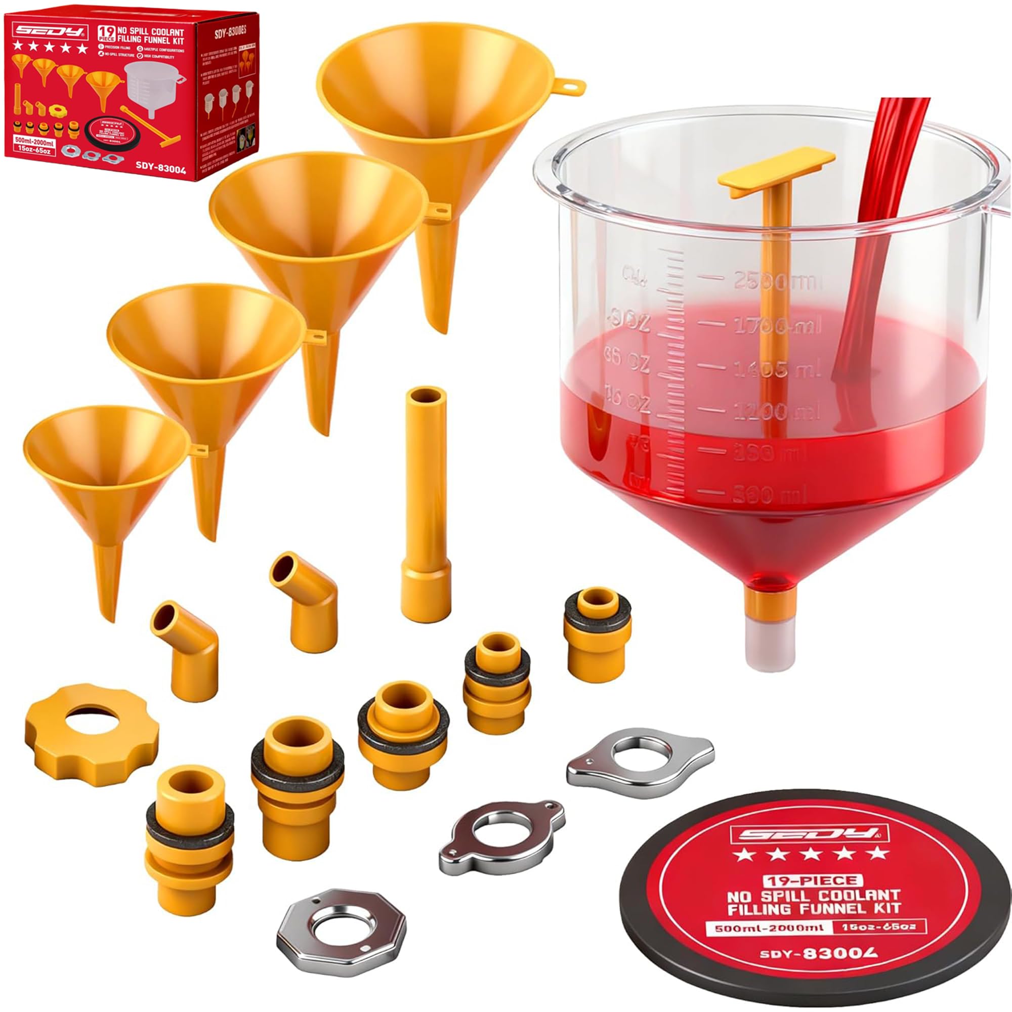 Ultimate No Spill Coolant Funnel Kit - 19-Piece Spill-Free Radiator Funnel Set, Spill Proof Radiator Bleeder Kit, Coolant Filling, Radiator Filler, Extra Funnels and Adapters for Universal Vehicle
